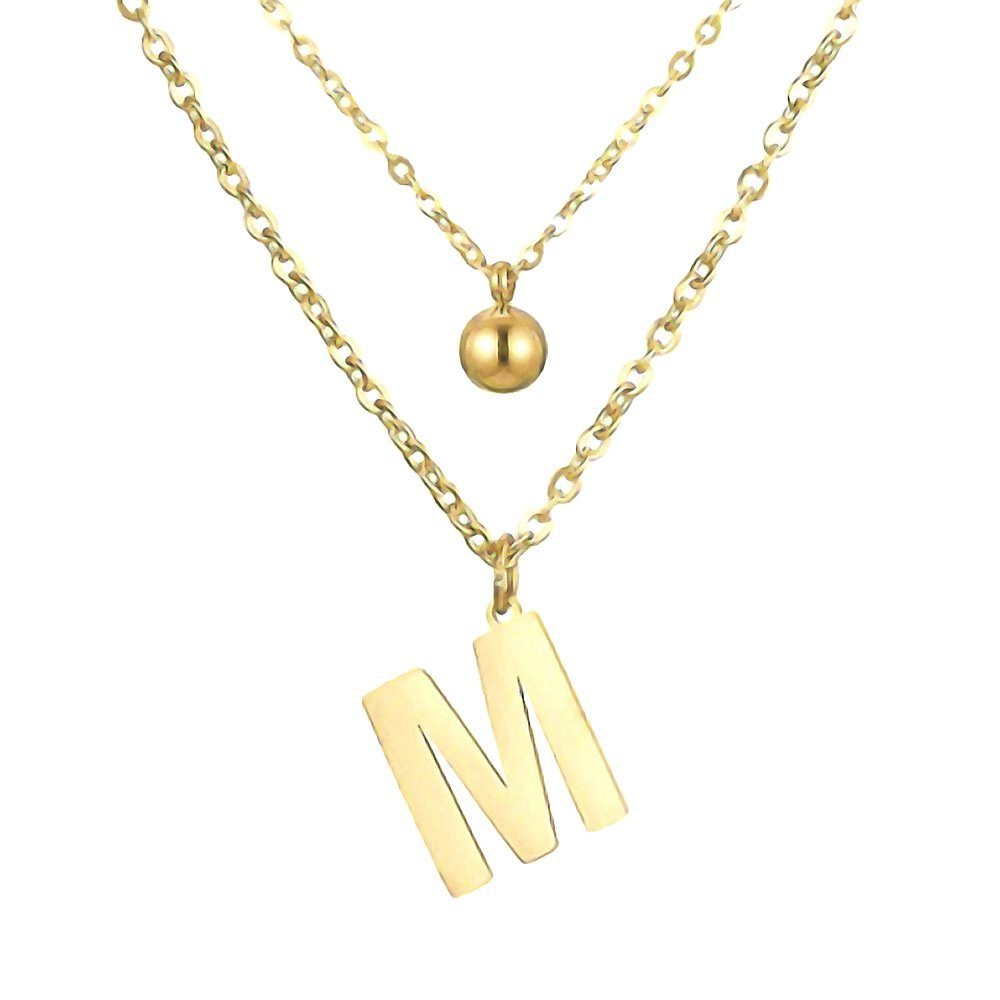 BUNGSA Kette mit Anhänger Doppel-Kette Buchstaben "M" Kugel Anhänger Gold Edelstahl Damen (1-tlg), Halskette Necklace