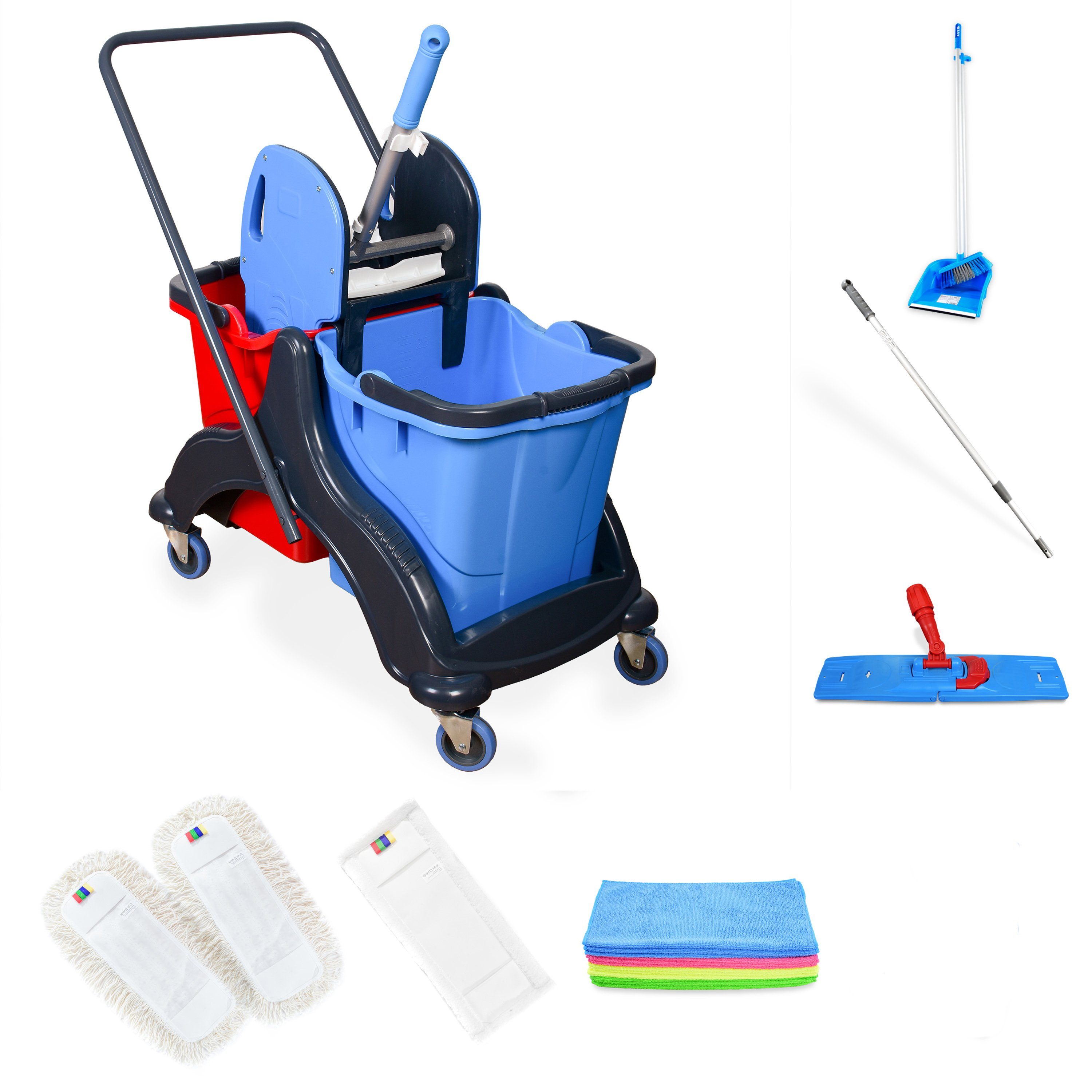 Hypafol Putzwagen, (SET, 2x Eimer, Mopp-Presse, 3x Wisch-Möppe, Mikrofasertücher, Kehrgarnitur)