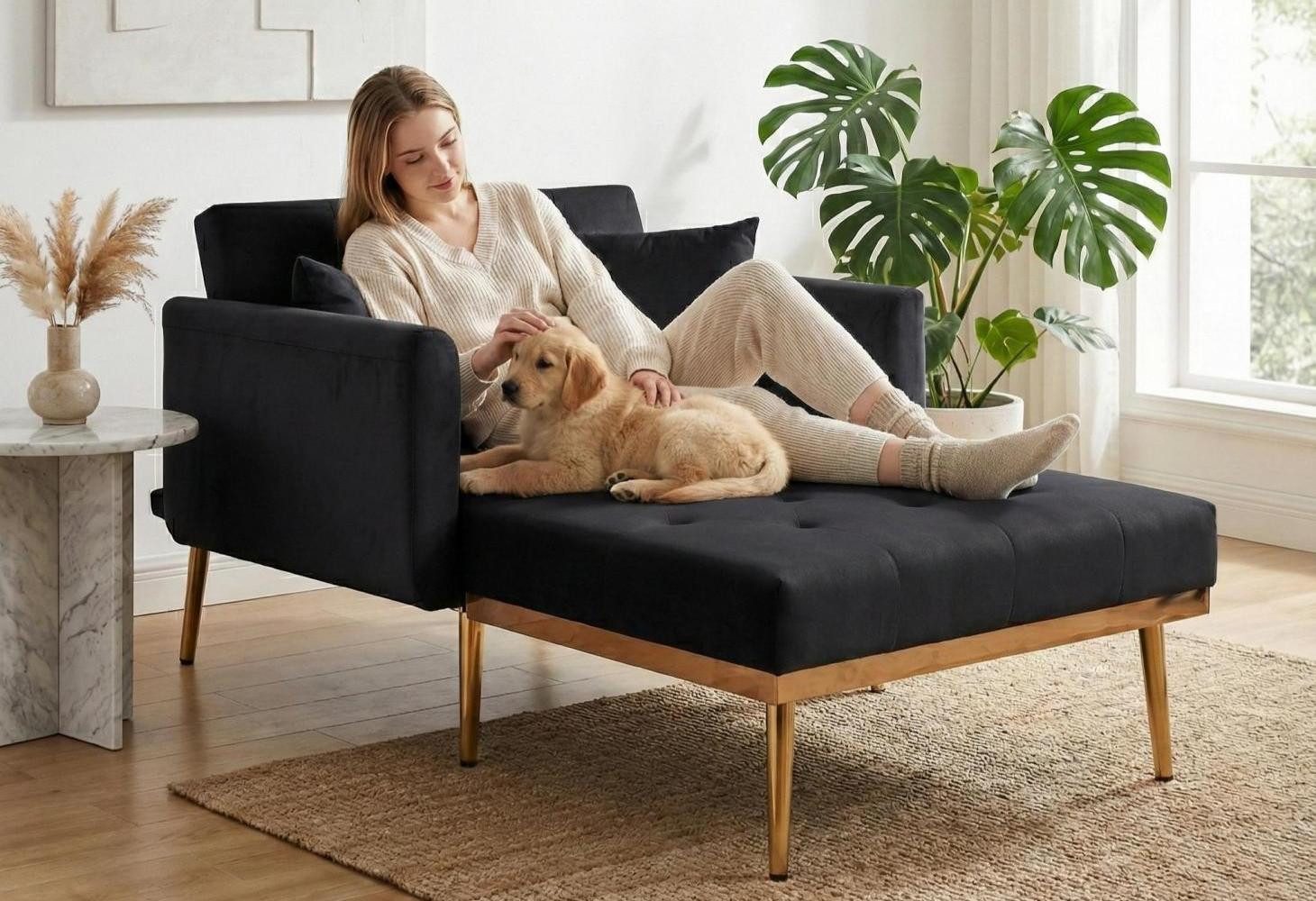 LVHOM Schlafsofa Relaxsessel/Ottomane mit verstellbarer Rückenlehne & inkl. Zierkissen, Premium-Lesesessel/Schlafsessel-Lösung • Massivholzgestell mit Metallfüßen, 3-Stufen-Verstellung (105°/140°/180) • 25cm Bodenfreiheit (Saugroboter geeignet), Für Wohn-/Schlafzimmer/Arbeitszimmer mit Relaxfunktion