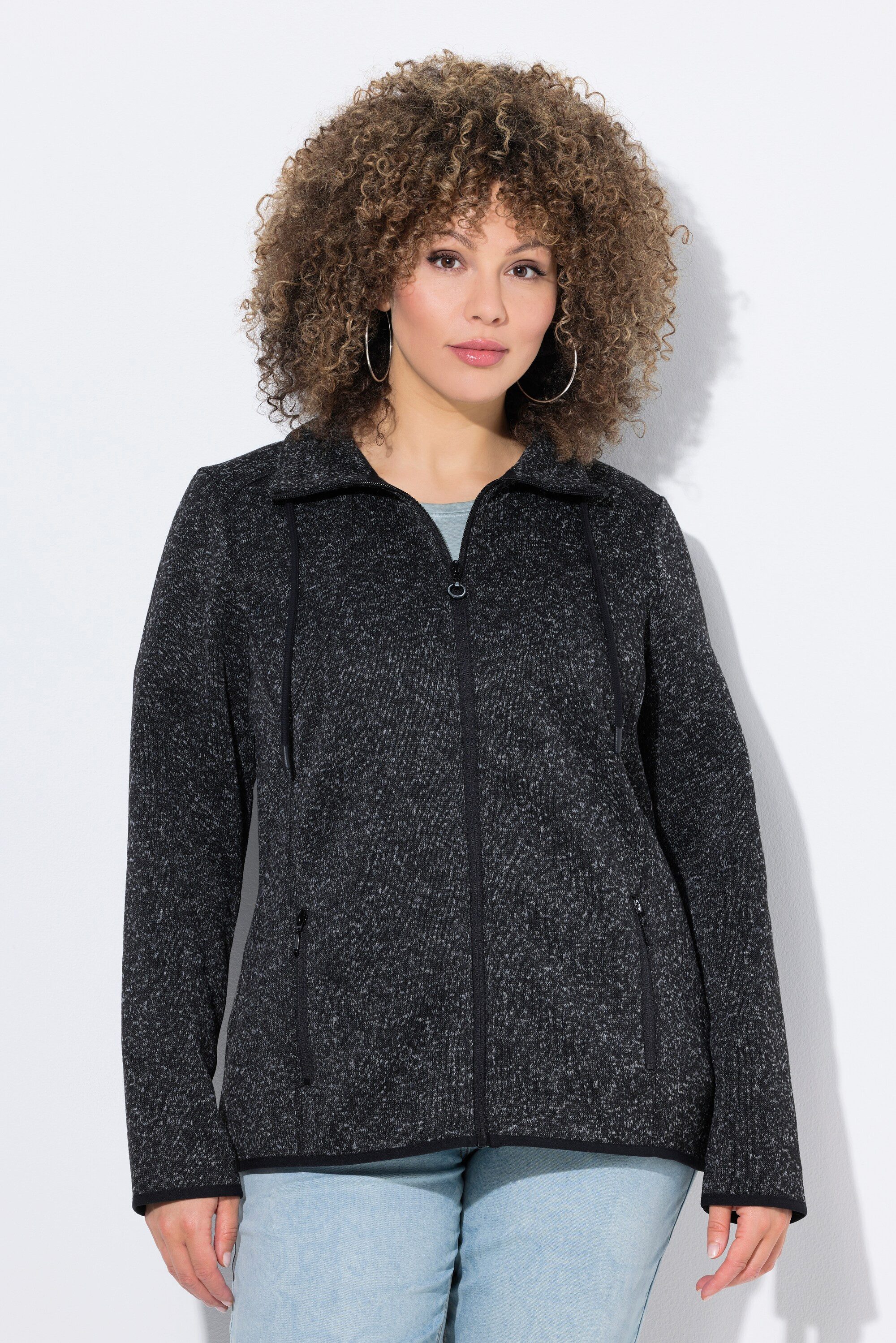 Ulla Popken Sweatjacke Strickfleece-Jacke Rauten Stehkragen günstig online kaufen