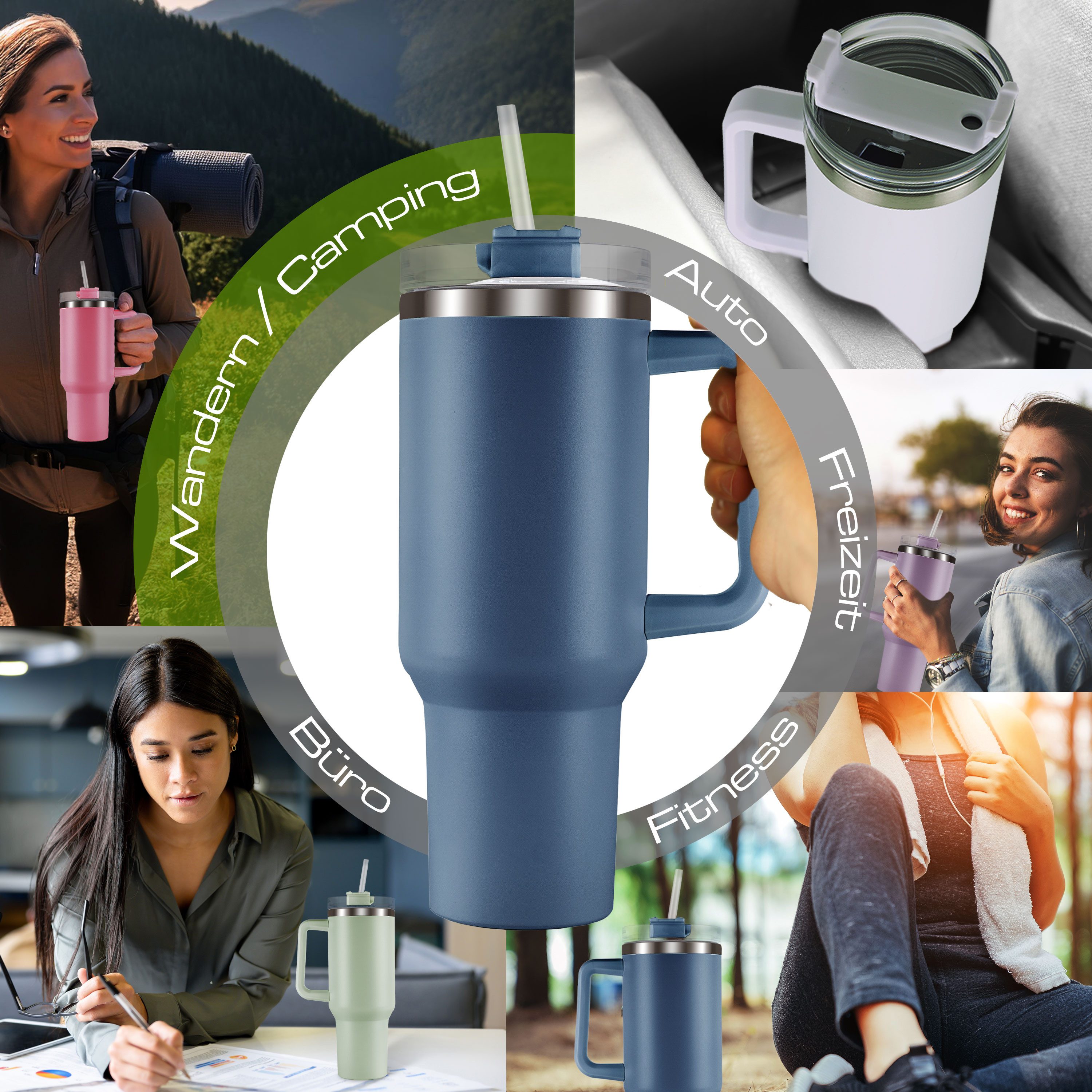 Roomando Thermobecher Becher mit Henkel Strohhalm Edelstahl Autobecher Kaffeebecher blau