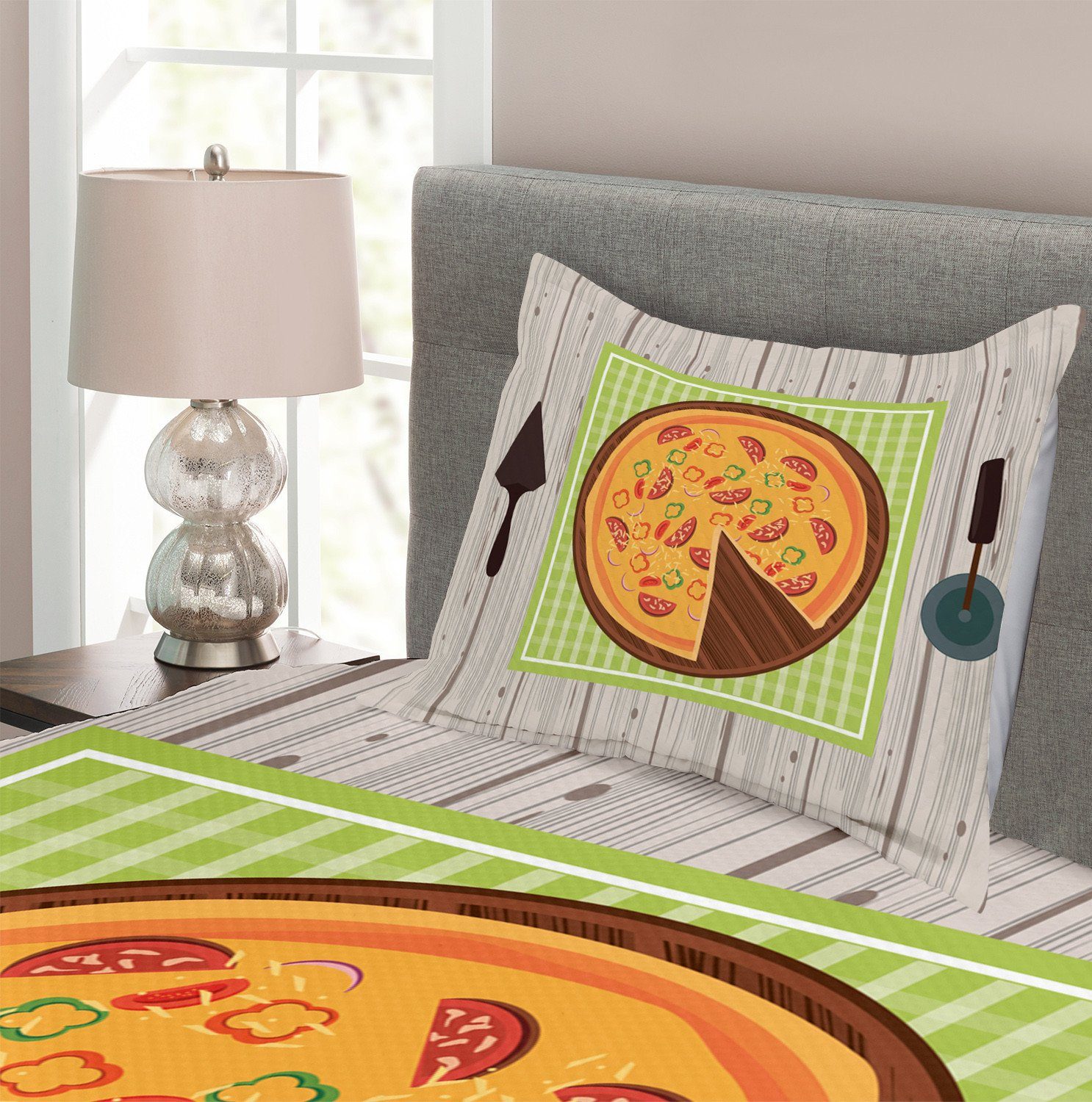 Waschbar, Pizza auf Cartoon Abakuhaus, Kissenbezügen Set Italien mit Tagesdecke Holztisch