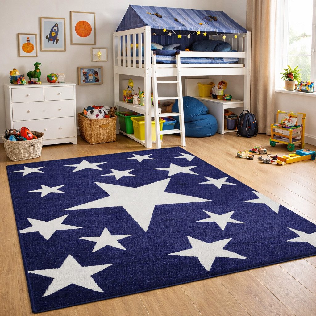 Vimoda Kinderteppich Blau Sterne, Teppich Kinderzimmer 160x230 & 120x170, Rechteckig, Höhe: 12 mm, Weich, Spielteppich Junge, Rechteckig, OEKO-TEX, Polypropylen