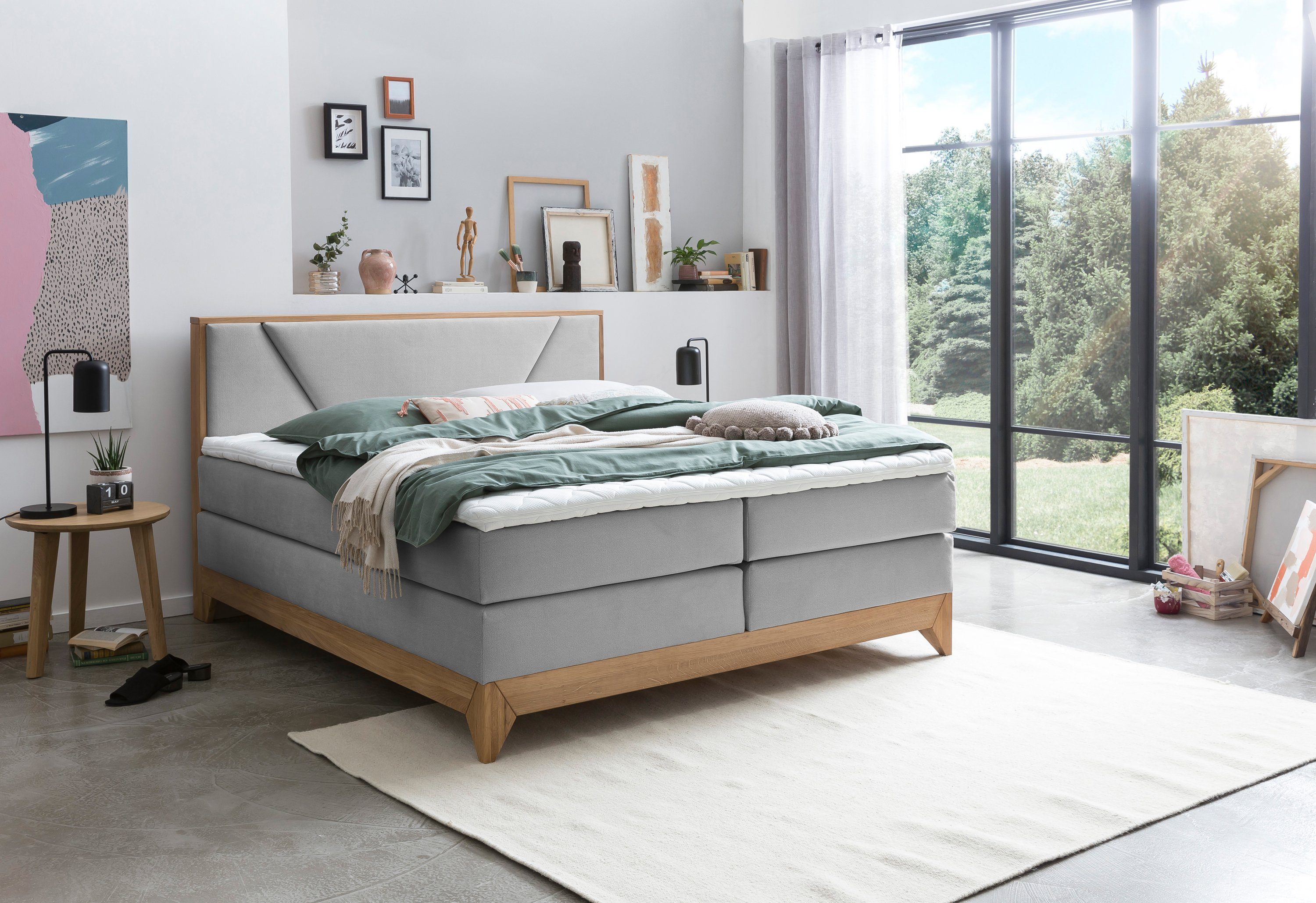 Belanoti Boxspringbett Riviera (Boxspringbett 160x200 Eiche 7-Zonen Taschenfederkern Matratze inkl, Visco Topper Bett 160x200 in der Farbe Hellgrau H2/H3 Polsterbett), Hotelbett mit Massivholz Eiche Massivholzbett