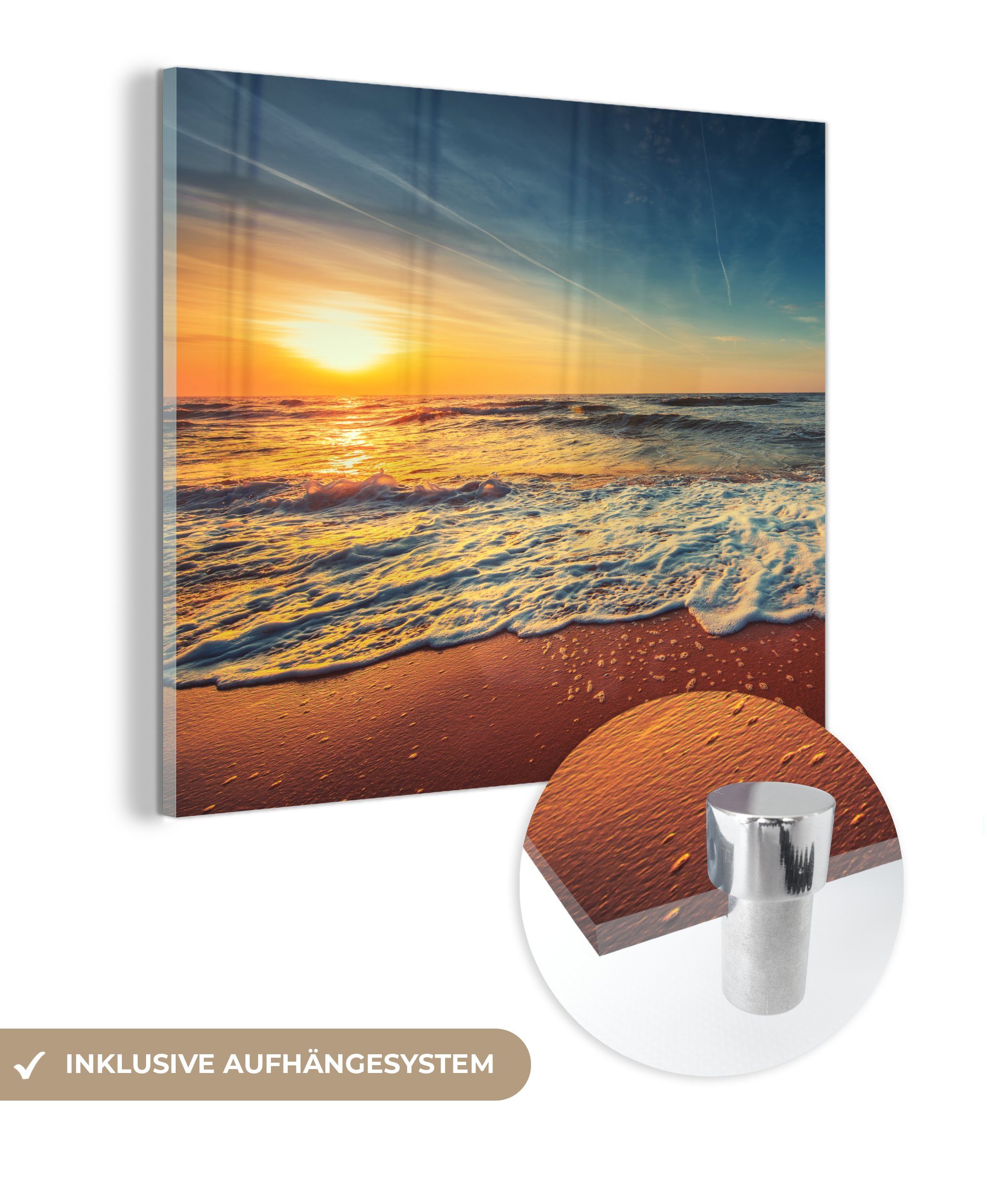 MuchoWow Acrylglasbild Strand - Meer - Sonnenuntergang - Gold, (1 St), Glasbilder - Bilder auf Glas Wandbild - Foto auf Glas - Wanddekoration