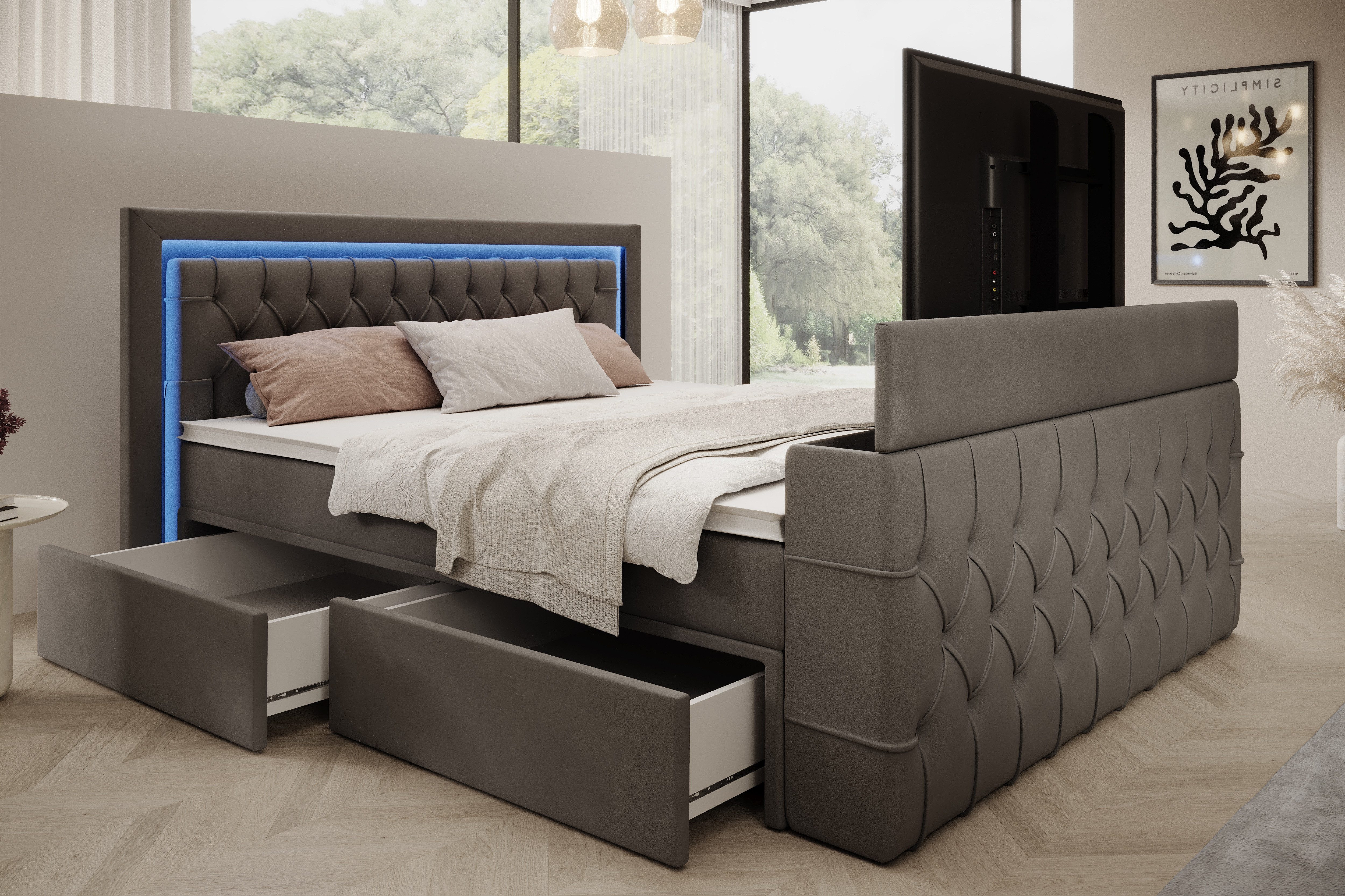 PROMETO Möbel Boxspringbett Doppelbett 180x200 mit Matratze, Schubladen TV-Lift LED Beleuchtung, inkl. 7-Zonen-Taschenfederkernmatratze, TV-Lift im Fußteil, Topper