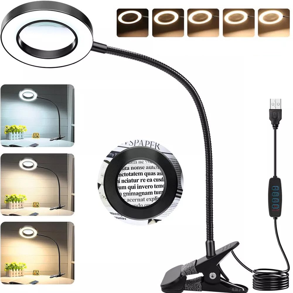 PRIISF Arbeitsleuchte LED Lupenleuchte Arbeitsplatzlampe 5X Lupenlampe Klemmlampe Dimmbar, Büroleuchte, 360° Flexibel Leselampe Schreibtischlampe Tischlampe, Lupe mit Licht und Ständer, 3 Einstellbare Farben 10 Helligkeitsstufen, Schwanenhals Lampe für Diamond Painting Basteln Juweliere Modellbau