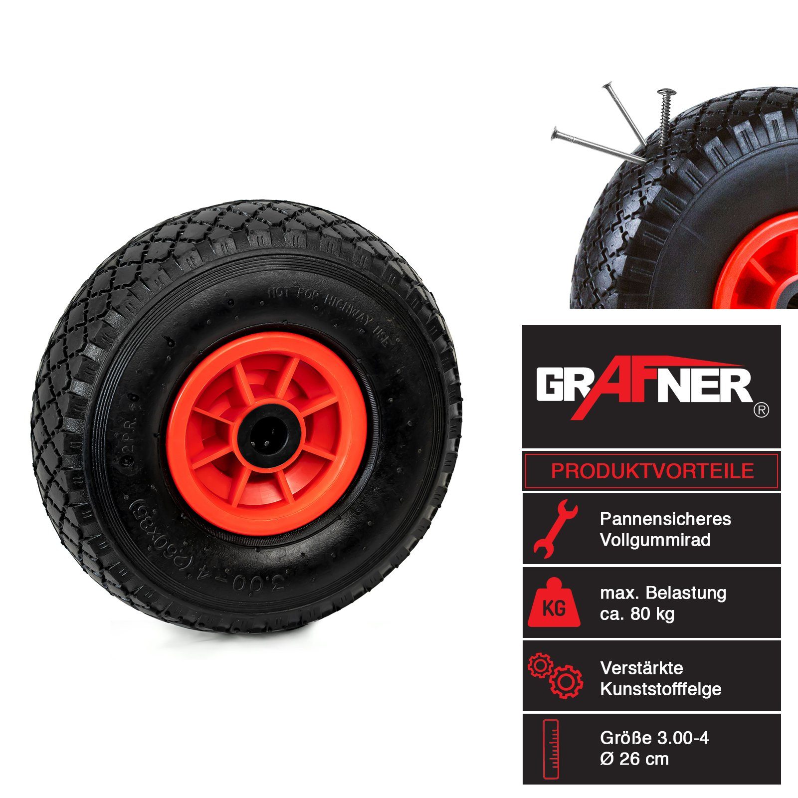 Grafner Sackkarren-Rad 2er Set Vollgummi Sackkarrenrad / Bollerwagen PU Rad 3.00-4 (2 St), 3.00-4, pannensicher, bis 80 kg belastbar, kugelgelagert