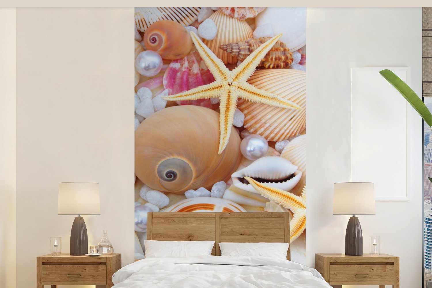 MuchoWow Fototapete Muscheln - Perlen - Seesterne - Strand, Matt, bedruckt, (2 St), Vliestapete für Wohnzimmer Schlafzimmer Küche, Fototapete