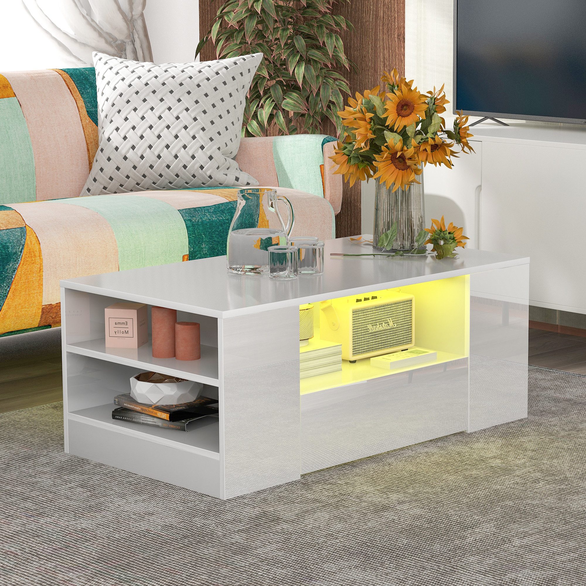 STILVORA Wohnzimmer-Set Hochglanz Kaffeetisch mit 2 Schubladen,Beistelltisch mit LED Licht, (95 x 53 x 37cm 2 Schubladen und 2 Regalsofa Couchtisch Beistelltisch, 1-St), Zeitgenössisches Design Flachverpackung