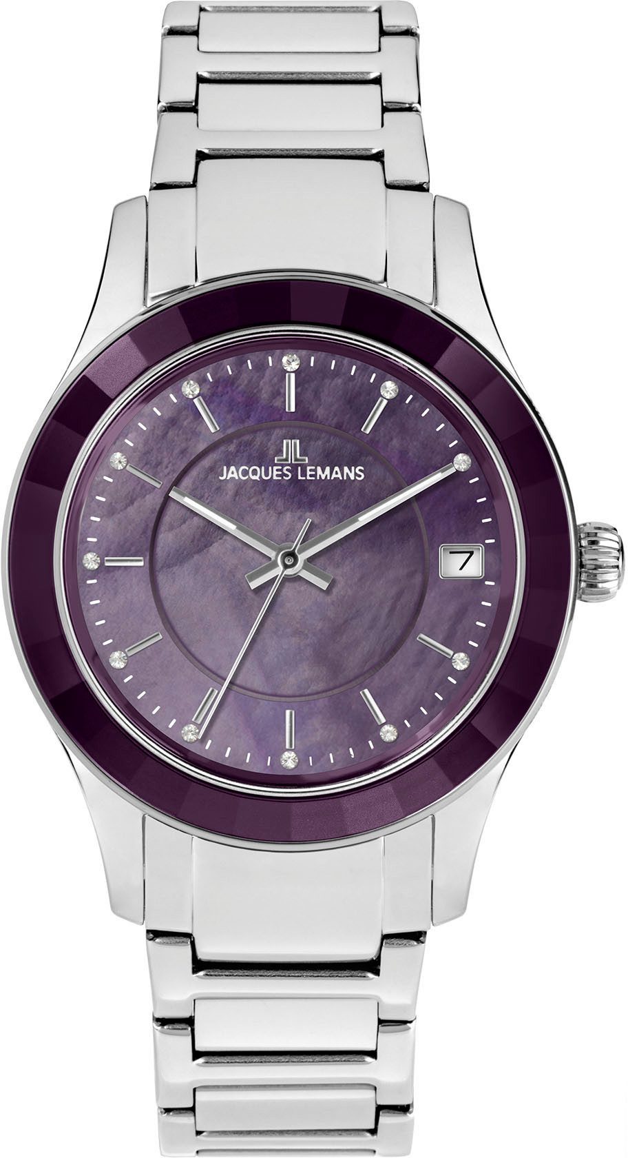 Jacques Lemans Quarzuhr Venice 1-2194E, Armbanduhr, Damenuhr, Edelstahlarmband, Perlmutt-Zifferblatt, Datum