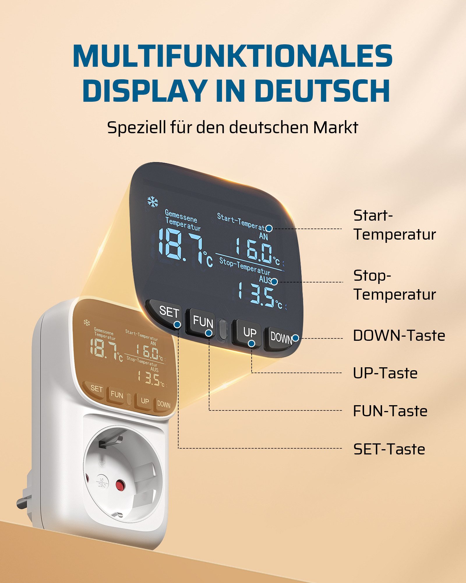 DEWENWILS Steckdosen-Thermostat Temperaturregler, Deutsches Display, Temperaturschalter mit Fühler, Thermostat, Thermostat Steckdose