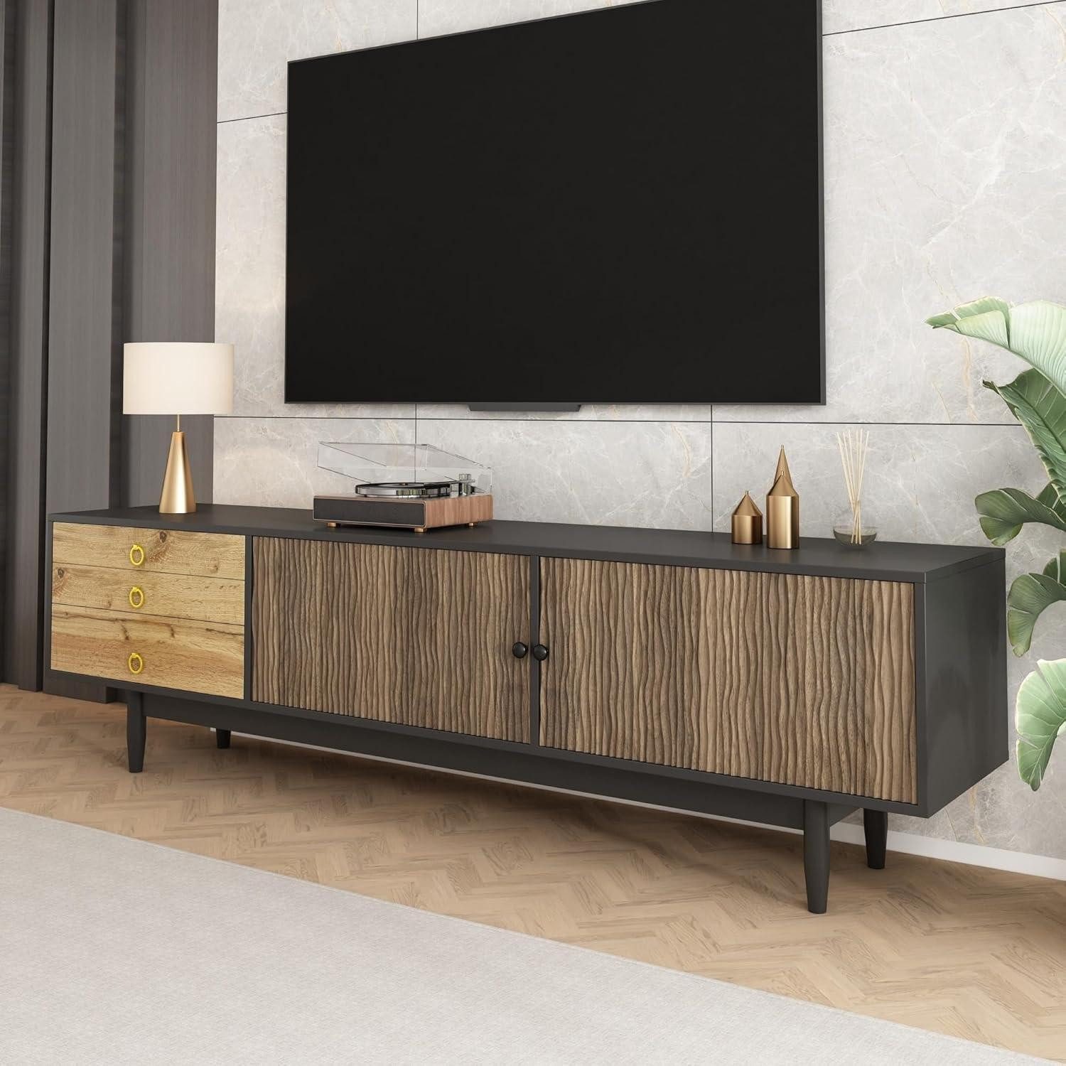 LuxusKollektion TV-Board Lowboard TV Türpaneele 3 Schwarz und Naturfarbe(180x38x50cm)
