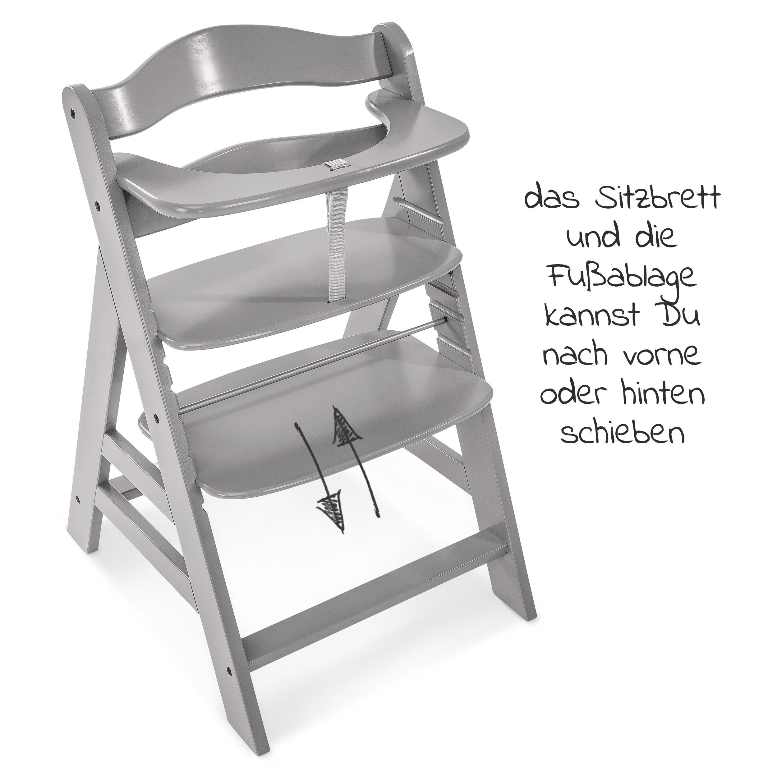 Hauck Hochstuhl Alpha Plus Grau (2 Mitwachsender St), Kinderhochstuhl höhenverstellbar mit Sitzauflage Holz