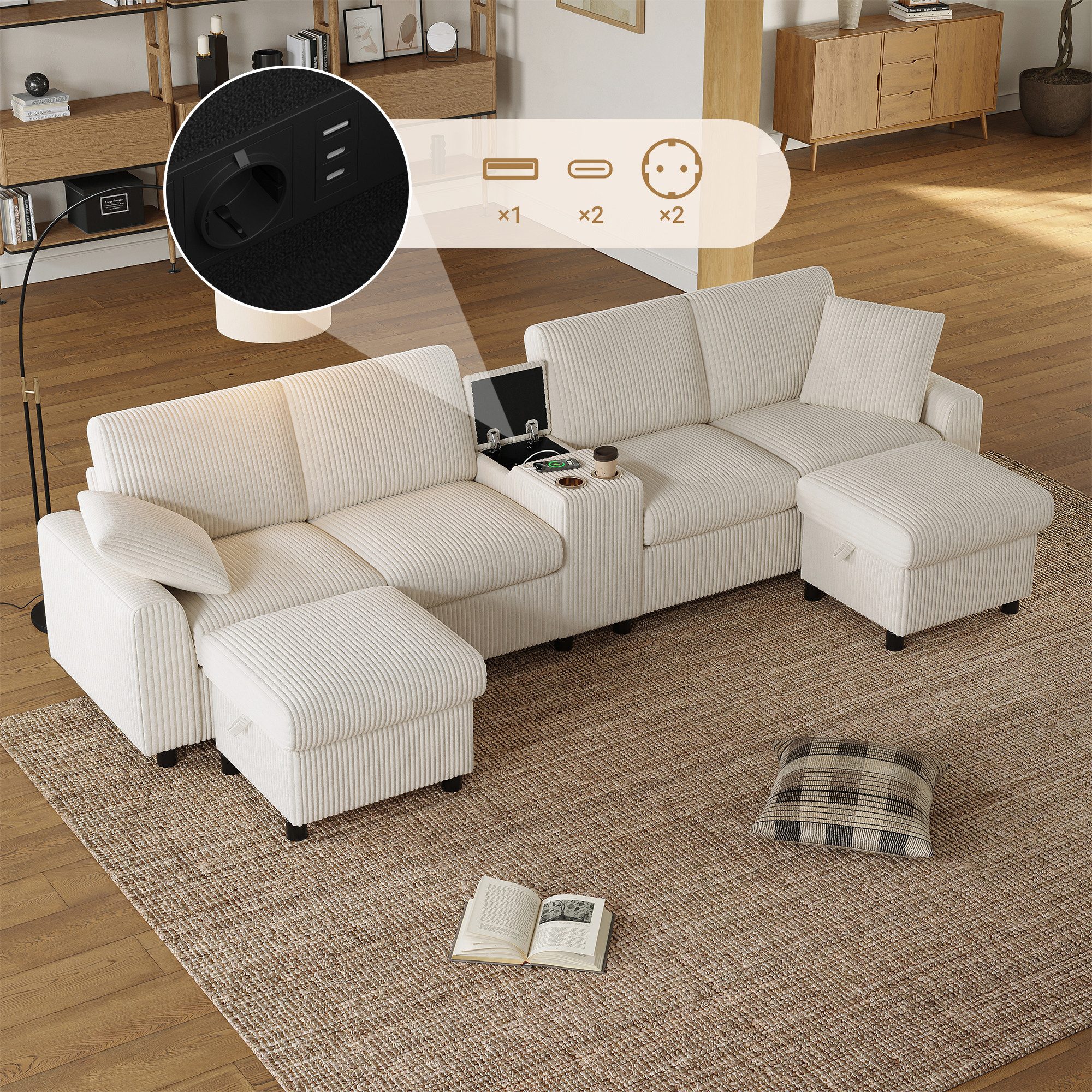 Flieks Sofa 4-Sitzer mit 2 Steckdosen, 1 USB-Anschluss und 2 Type-C-Anschlüssen, mit 2 Getränkehaltern und 2 Zierkissen, B315×H81×T135 cm 3 Teile, U-förmig Polstersofa inkl. 2 Fußhockern mit Stauraum Beige, Corduroy