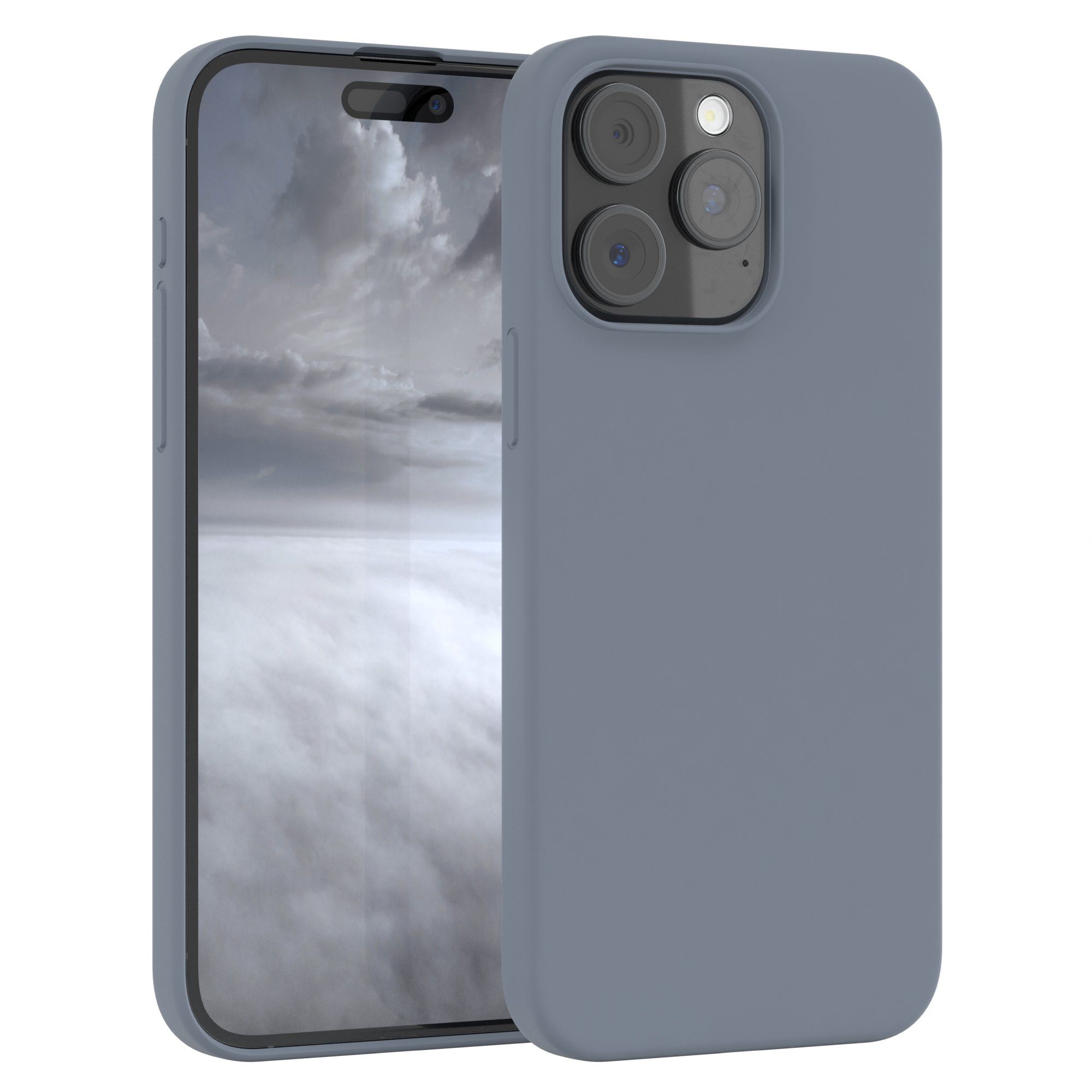 EAZY CASE Handyhülle für Apple iPhone 15 Pro Max Premium Silikon 6,7 Zoll, Silikonhülle Slimcover mit Displayschutz Etui Grau / Stahlblau