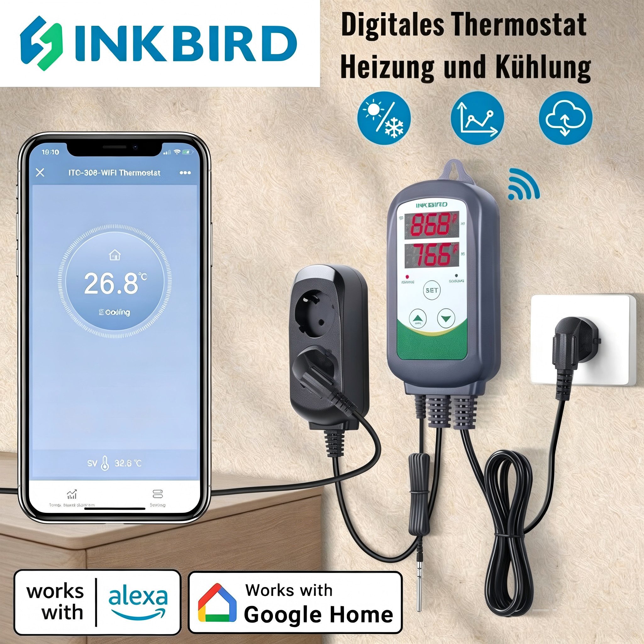 INKBIRD Steckdosen-Thermostat 2,4 GHz WLAN Temperaturregler, Heiz- und Kühlthermostat mit Steckdose, max. 2200 W, Komfortable App-Steuerung & flexible Nutzung
