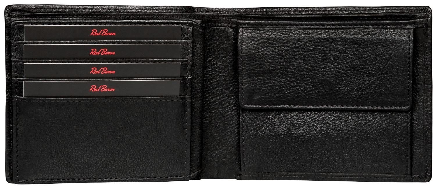 Red Baron Geldbörse Geldbeutel Leder Schwarz RB-WT006-07, Kreditkartenfächer, Netzfach, Münzfach mit Druckknopf