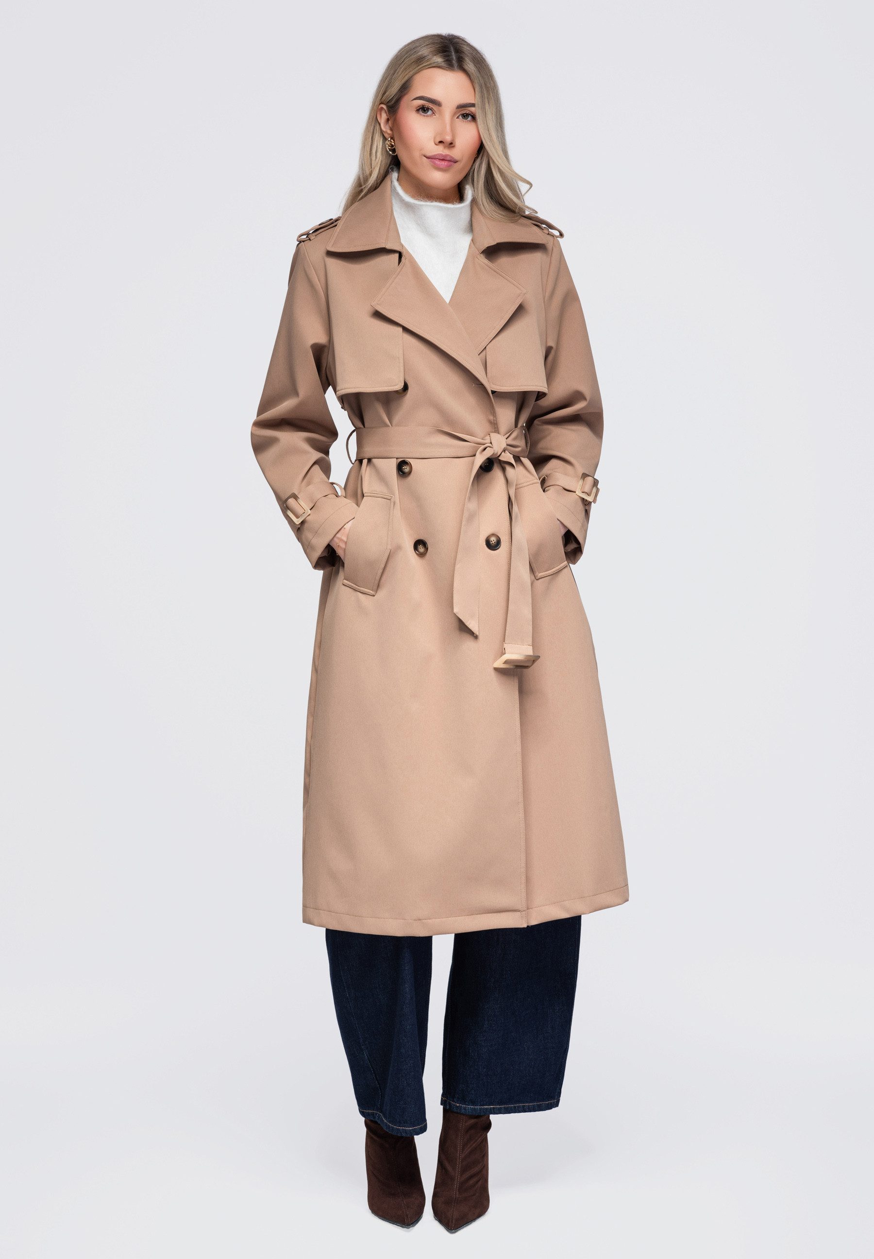 OMBRE Trenchcoat Damen Trenchcoat mit breitem Revers und Gürtel Beige L (kein Set, 1-tlg) in Unifarbe