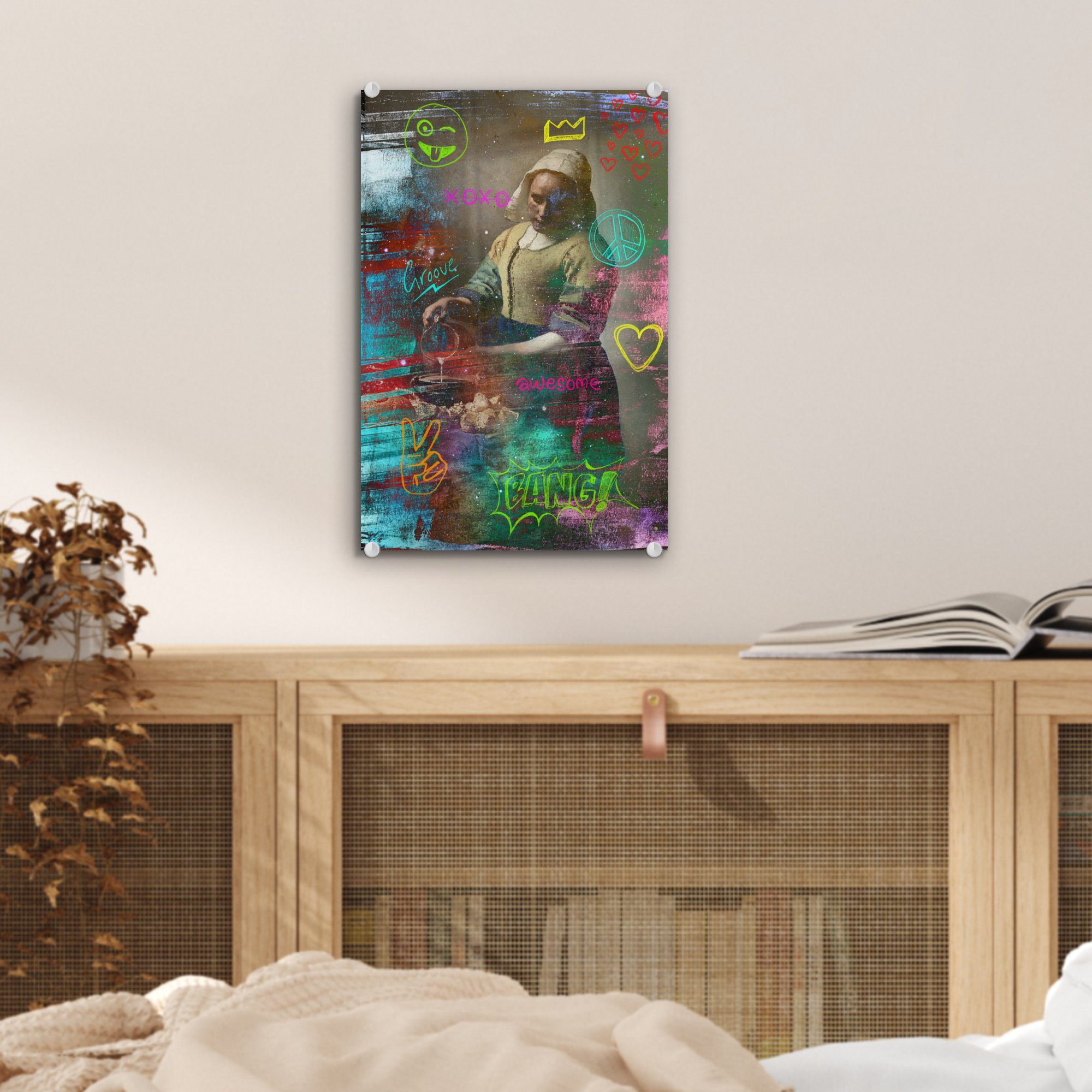 MuchoWow Acrylglasbild Milchmädchen - Johannes auf Glasbilder St), - (1 bunt - Glas Glas Foto - Wanddekoration Vermeer Graffiti, - auf Wandbild Bilder