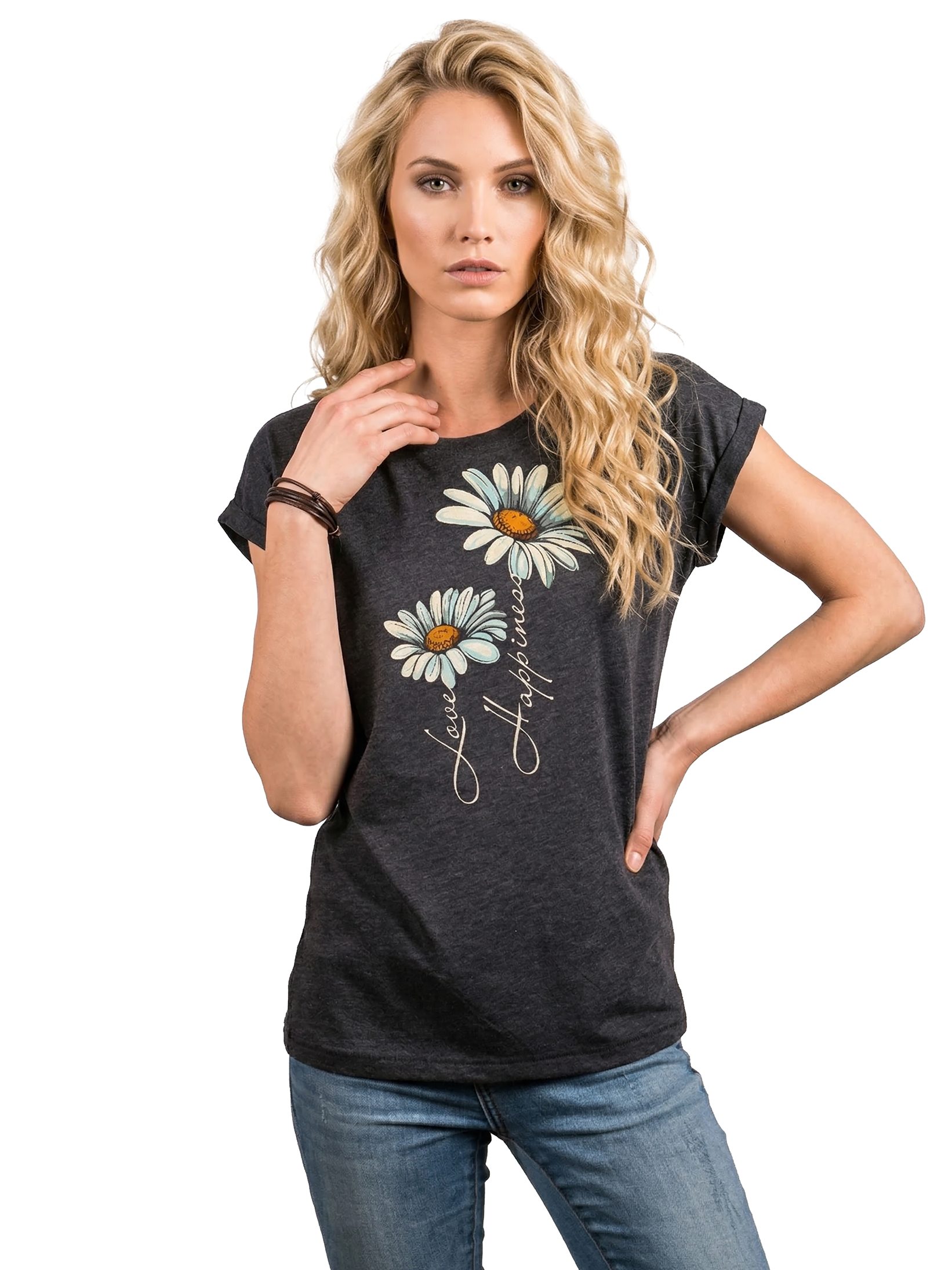 MAKAYA Print-Shirt Damen Kurzarm Top Blumen Gänseblümchen floral Blumenmuster Blümchenprint