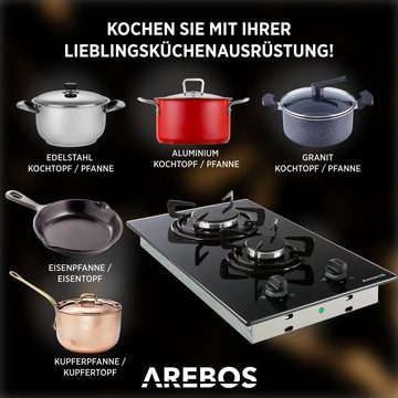 Arebos Gas-Kochfeld Glas 30 cm AR-HE-GH30CM, Geeignet für Erdgas und Propangas, Gaskochfeld Gasherd