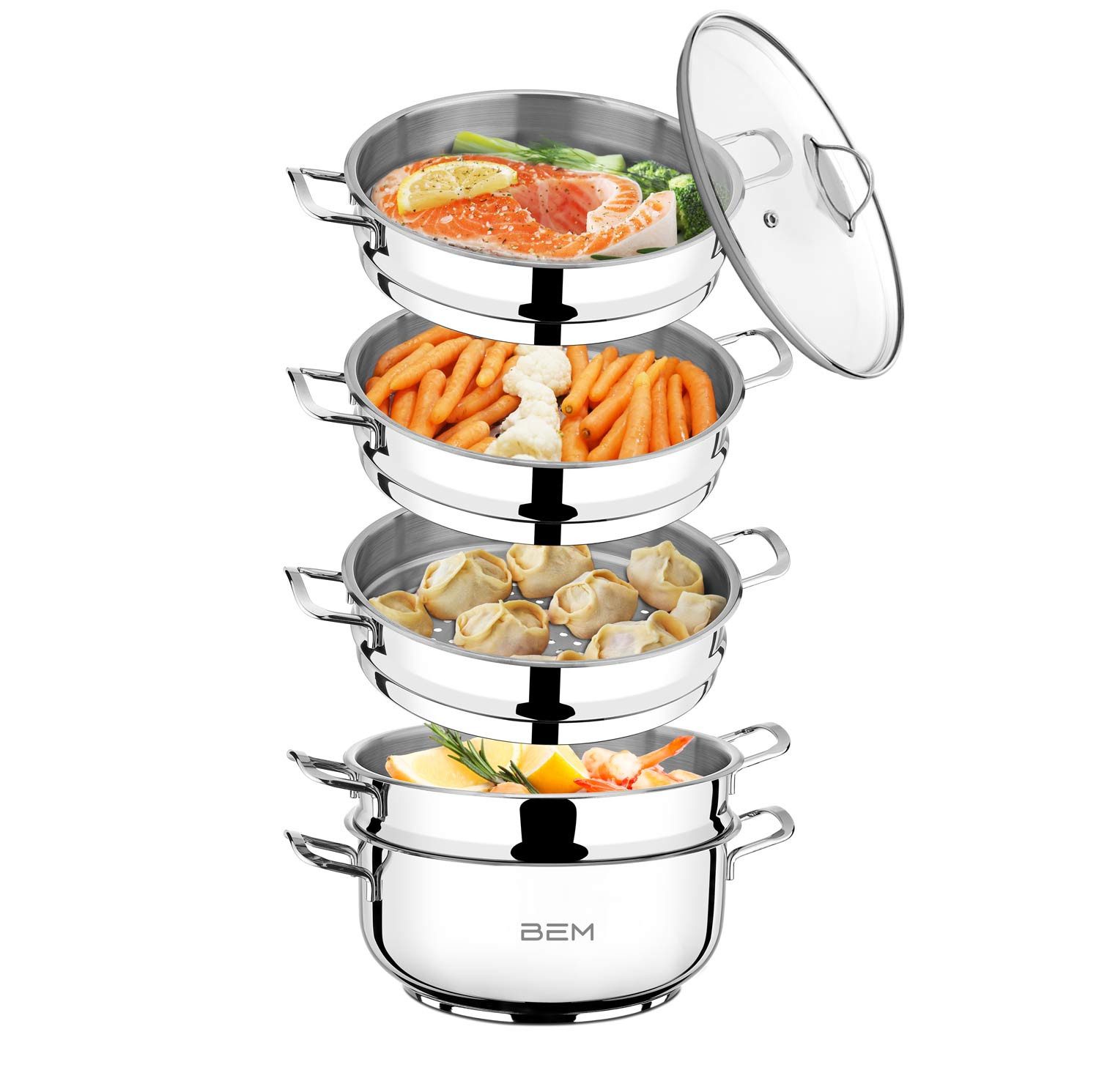 BEM Dampfgartopf Ø 26 cm, aus Edelstahl 18/10 (Mantowarka NICHT induktionsgeeignet, 6-tlg., Dampfkocher Gardampfkochtopf Set), mit Dampfeinsatz und Glasdeckel Dampfkochtopf