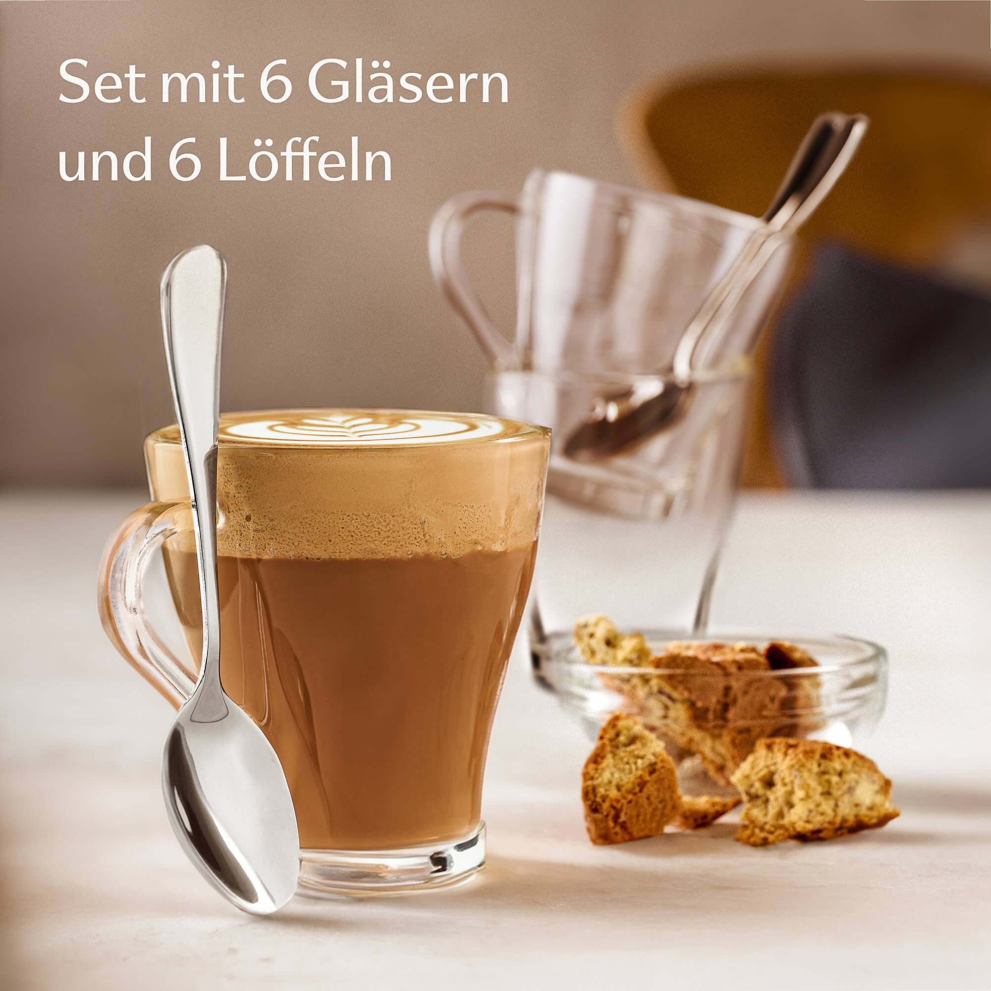 Cosumy Gläser-Set 6 Cappuccino Gläser mit Henkel und Löffel - 250ml - Hält lange warm, 12-tlg., Glas, Cappuccino Gläser Set mit Henkel und Löffel - 250 ml - Häl – Bild 2 von 5