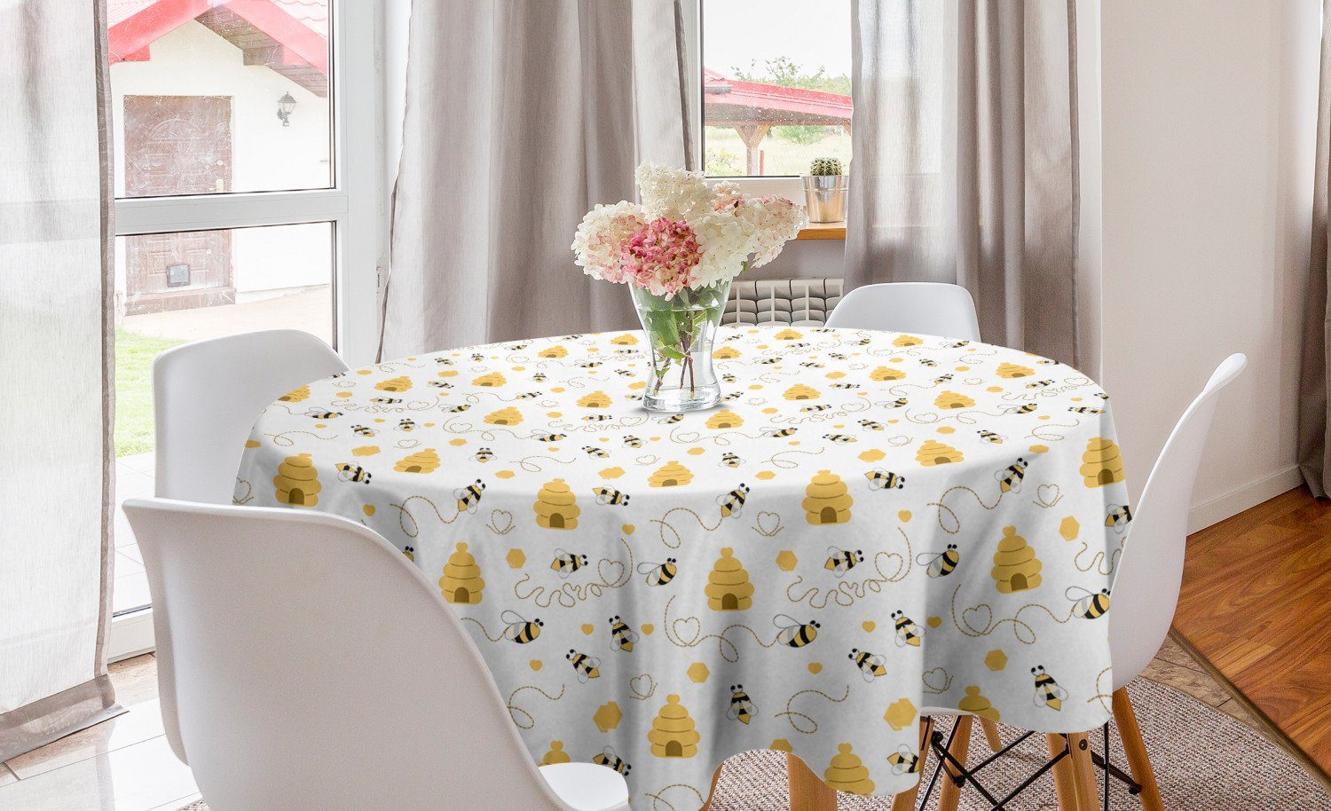 Abakuhaus Tischdecke Kreis Tischdecke Abdeckung für Esszimmer Küche Dekoration, Biene Fliegen Bugs Herzen Beehives