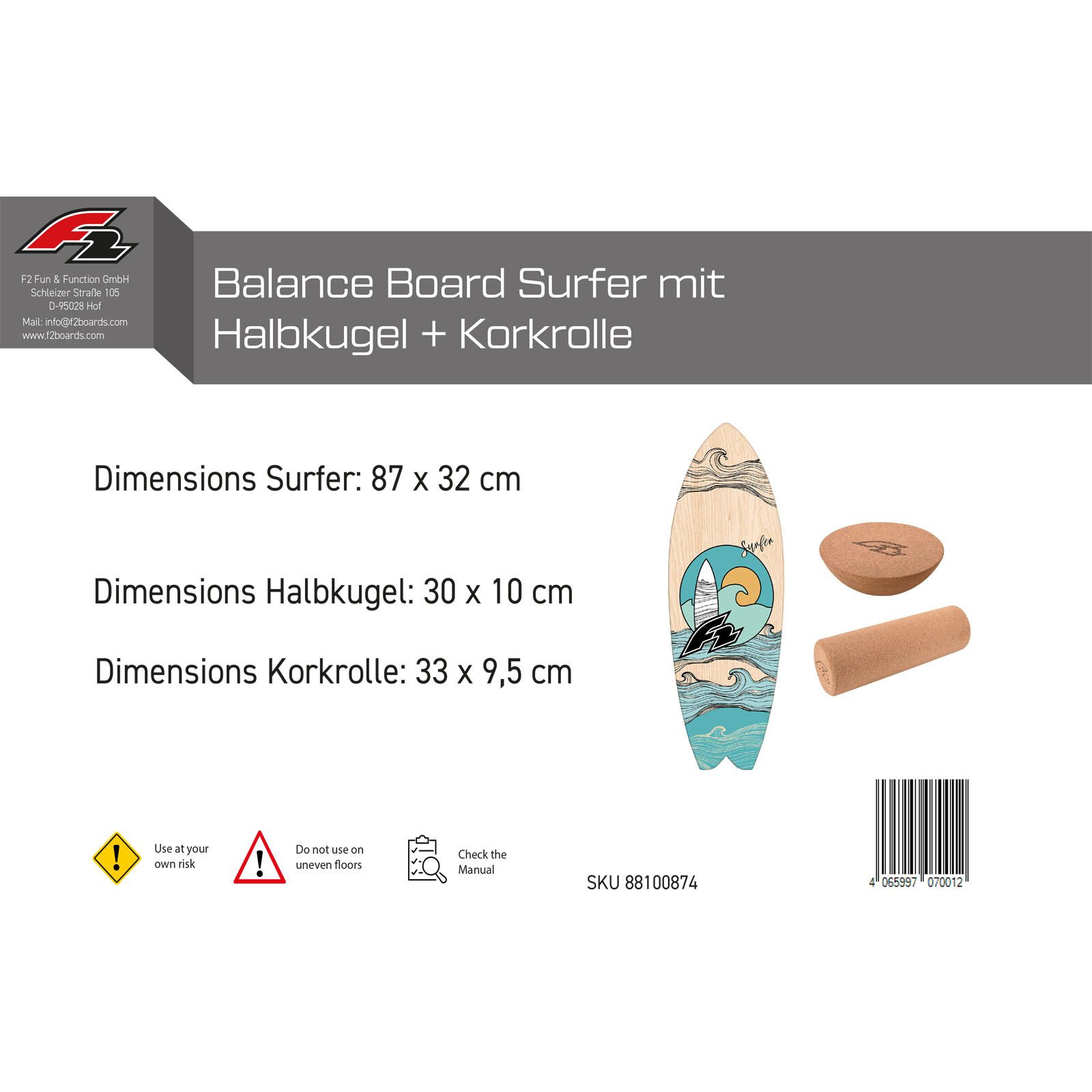 F2 Balanceboard F2 Set Balance Board Surfer 87x32cm + Halbkugel und Korkrolle