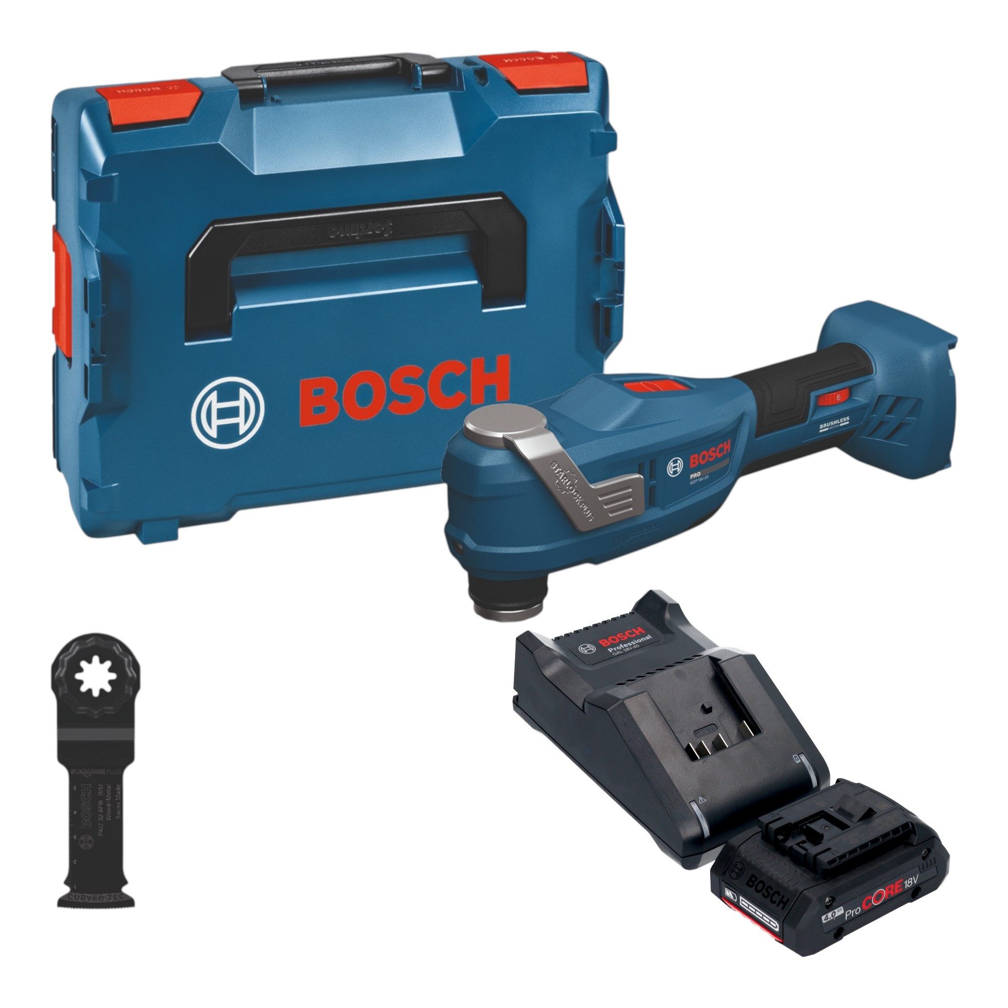 Bosch Professional Akku-Multifunktionswerkzeug GOP 18V-30 18 V Starlock Plus + 1x ProCORE Akku 4,0Ah + Lader + L-Boxx