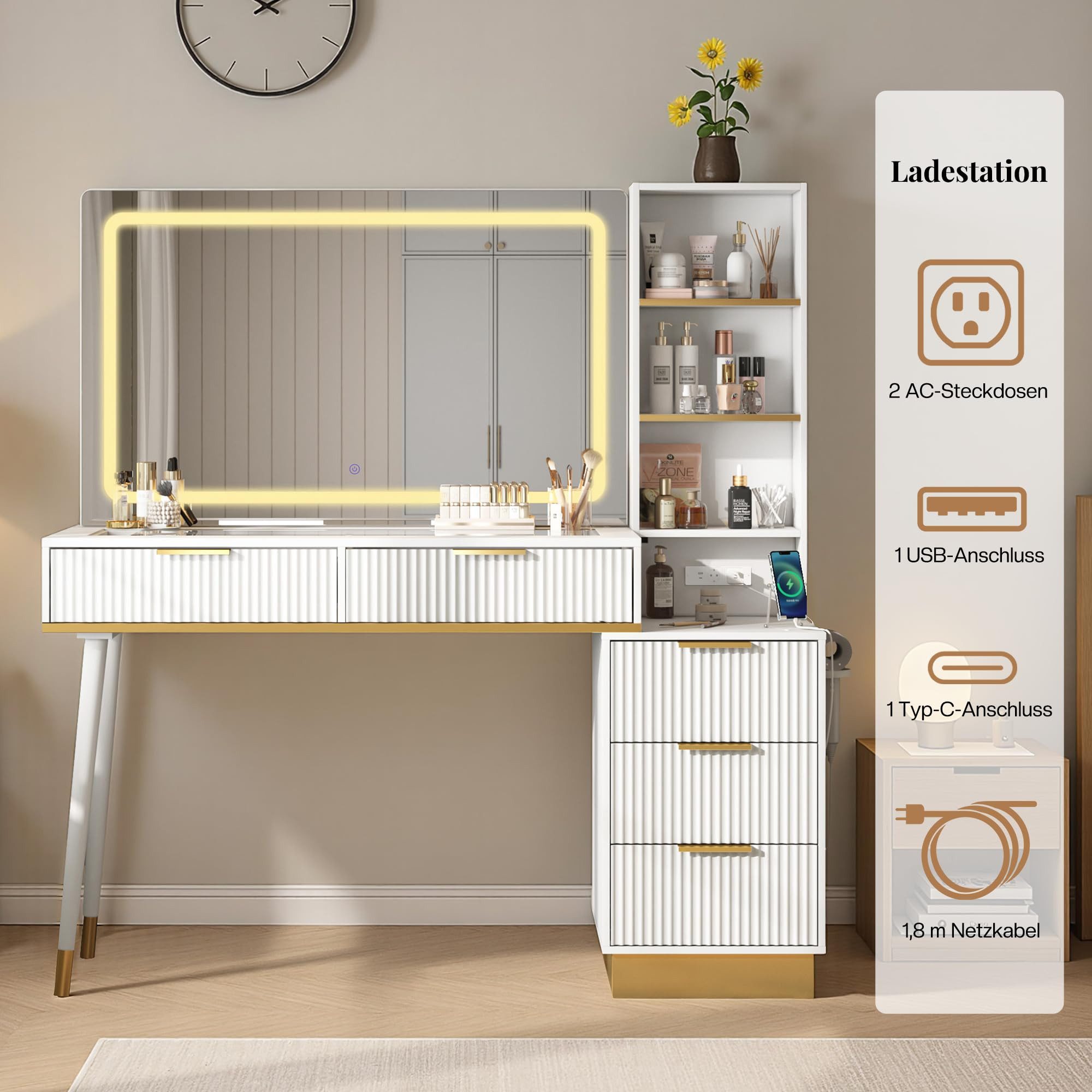 AMERLIFE Schminktisch Schminktisch 122cm Weiß-Gold mit LED-Spiegel und Glasplatte, Integrierte Ladestation, viel Stauraum & modernes Design – Bild 4 von 5