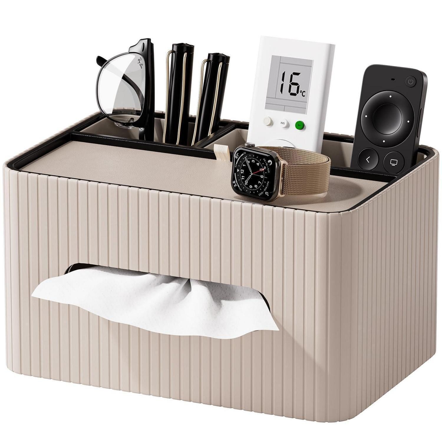 LuxusKollektion Papiertuchbox Kosmetiktücherbox PU Leder mit Ablage Beige