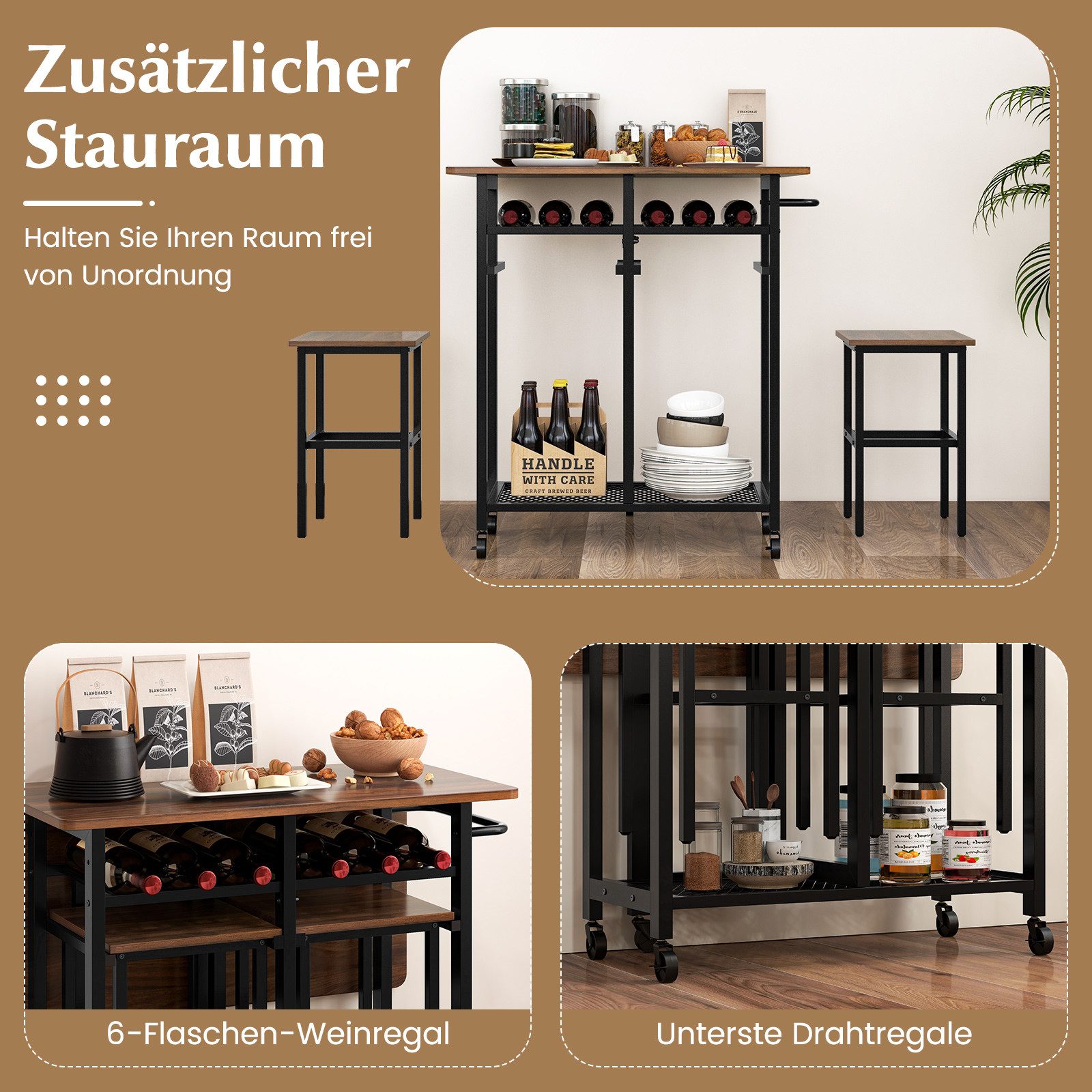 COSTWAY Esstisch, Set 3 tlg. mit 2 Hockern, klappbares Bartisch auf Rollen