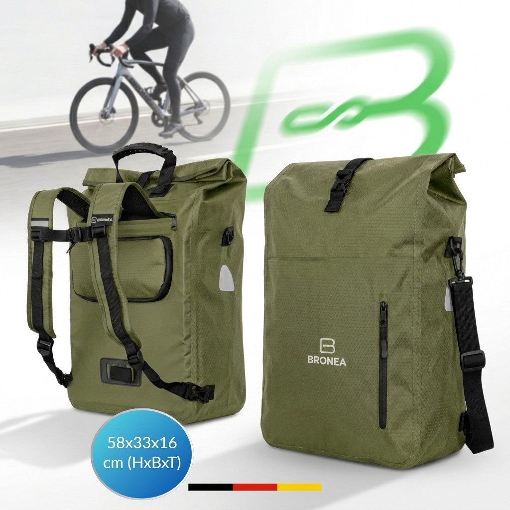 Bronea Fahrradtasche 3-in-1 Kombi Rucksack & Umhängetasche 100% Wasserdicht XXL-28Ltr (Schnellmontage an Gepäckträger, integrierte Laptoptasche), Diamond-Struktur Laptoptasche 100% Wasserdicht Reflektierende Elemente