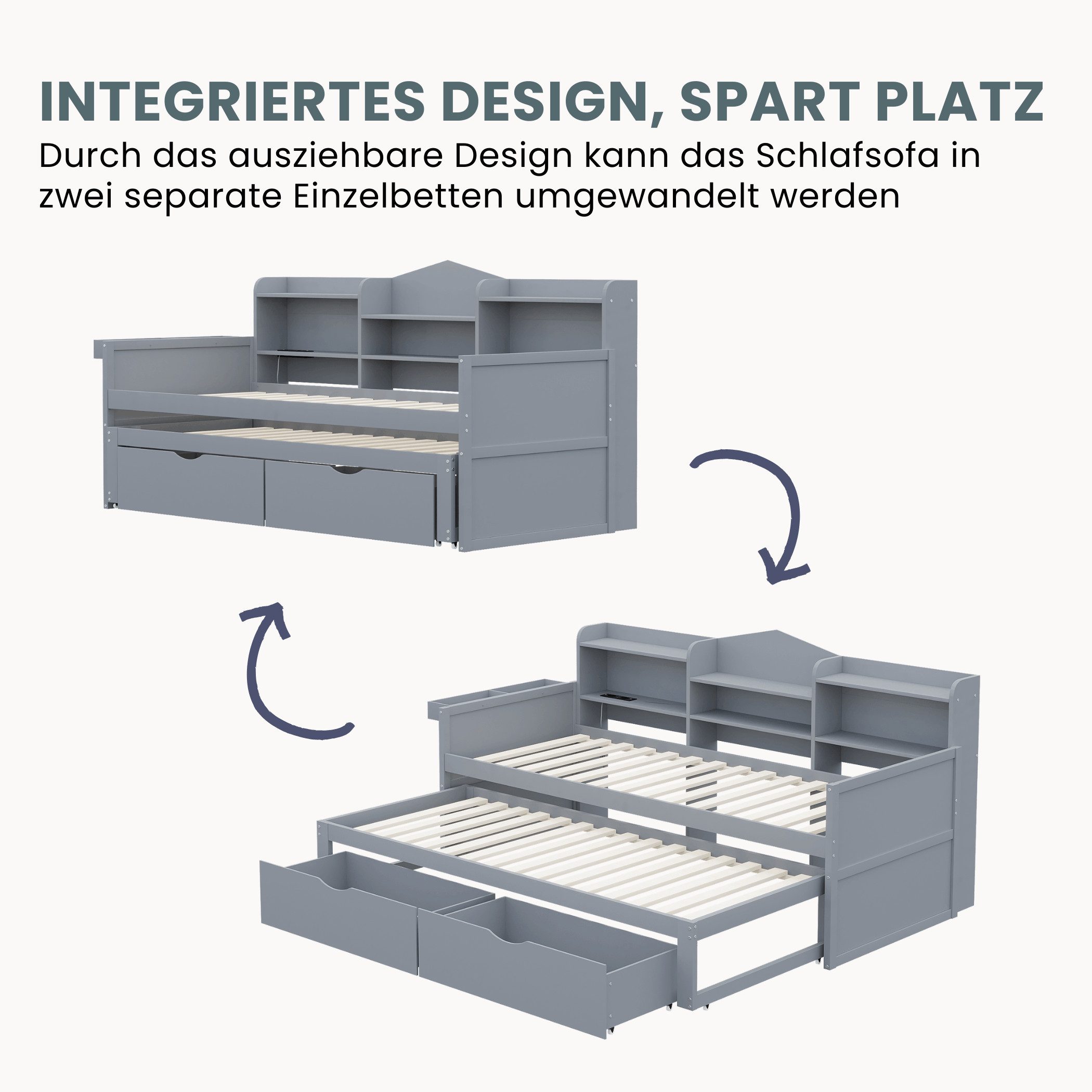 SeedWave Holzbett Ausziehbar Holzbett mit Stauraumschublade und Ladeanschluss, Stauraumschublade mit mehreren Regalen 90x190/200 cm