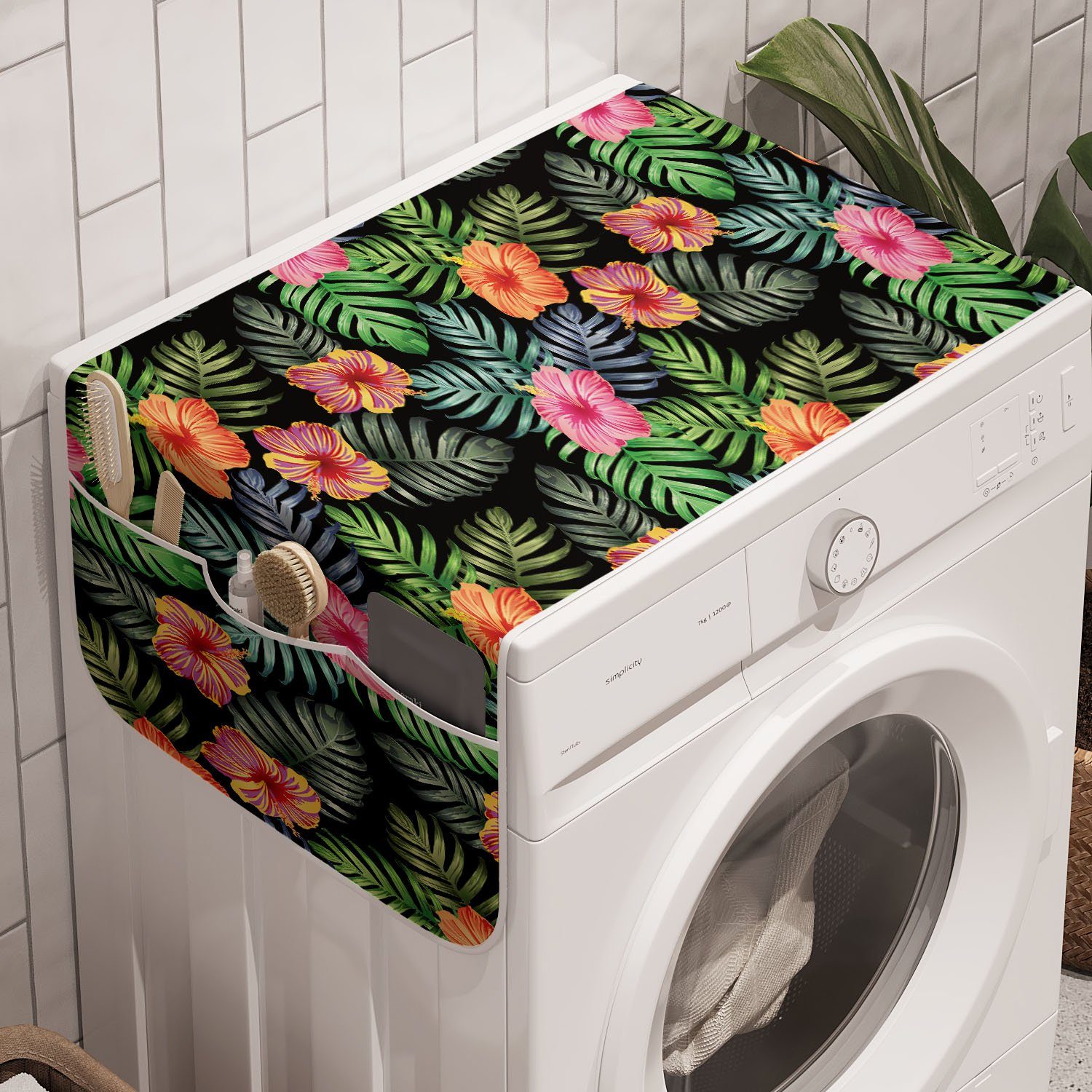 Abakuhaus Badorganizer Anti-Rutsch-Stoffabdeckung für Waschmaschine und Trockner, Hibiskus Palme und Blumen