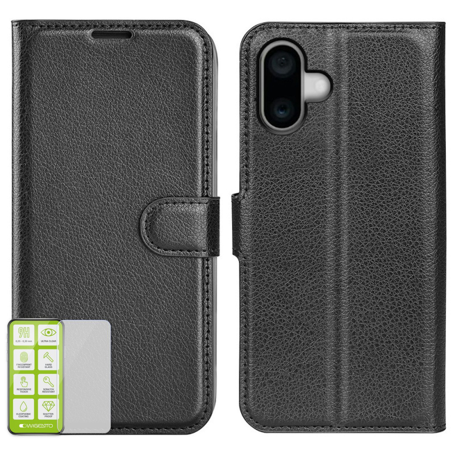 Wigento Smartphone-Hülle Für Apple iPhone 16 Kunst Leder Book Wallet Tasche Schwarz + Hart Glas