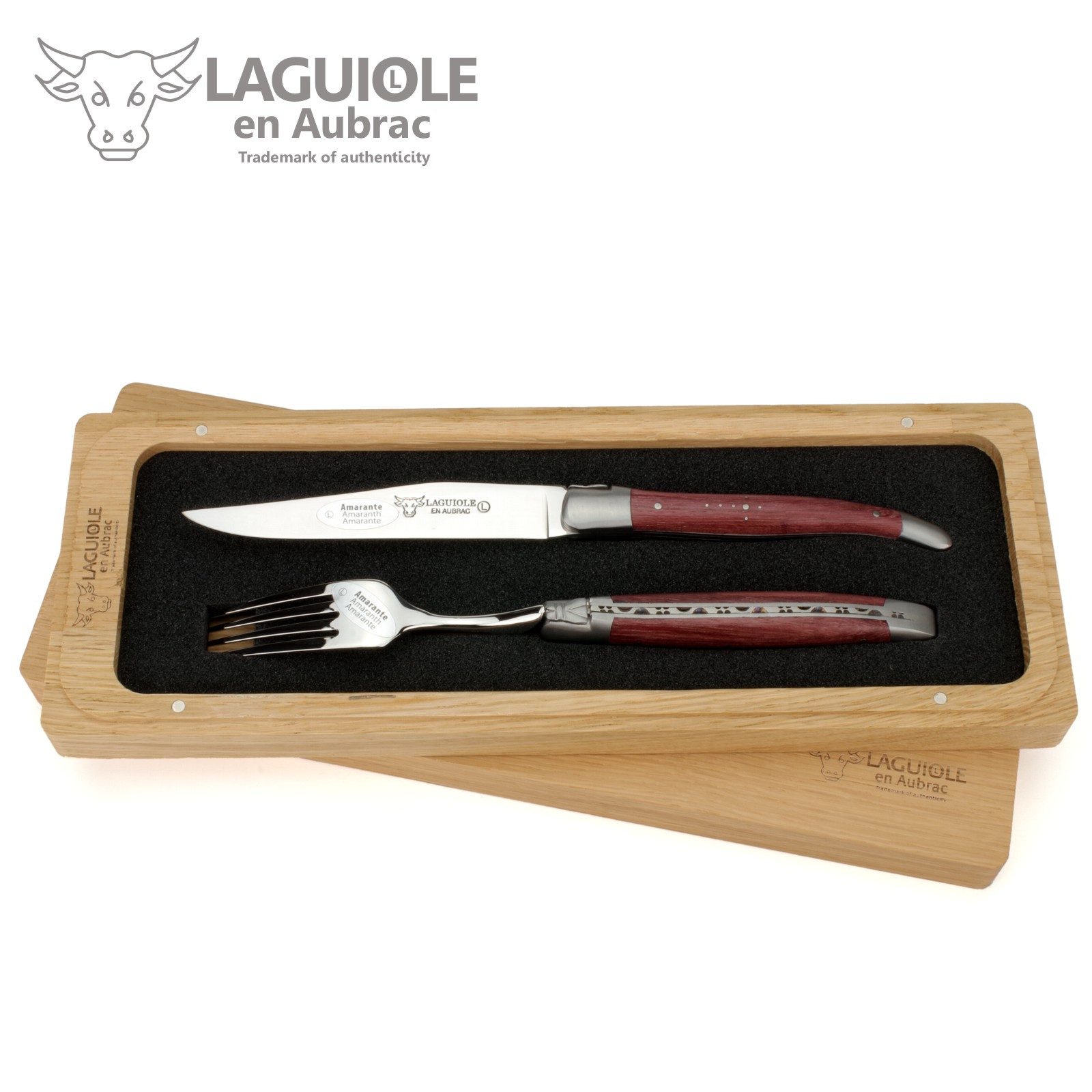 Laguiole en Aubrac Steakbesteck 1CF99ATI, 1 Messer / 1 Gabel - Griff Amaranth - Backen matt - Stahl glänzend