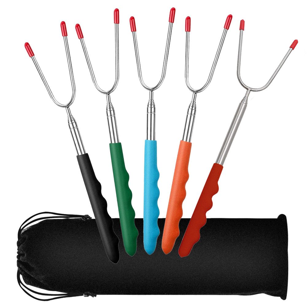TUWENA Grillspieß 5 Stück Grillspieße Teleskop, Edelstahl 30-115cm, BBQ Grillgabel (5-St), Lagerfeuer Grillstab, Grillbesteck Set für Camping Grill Gartenparty