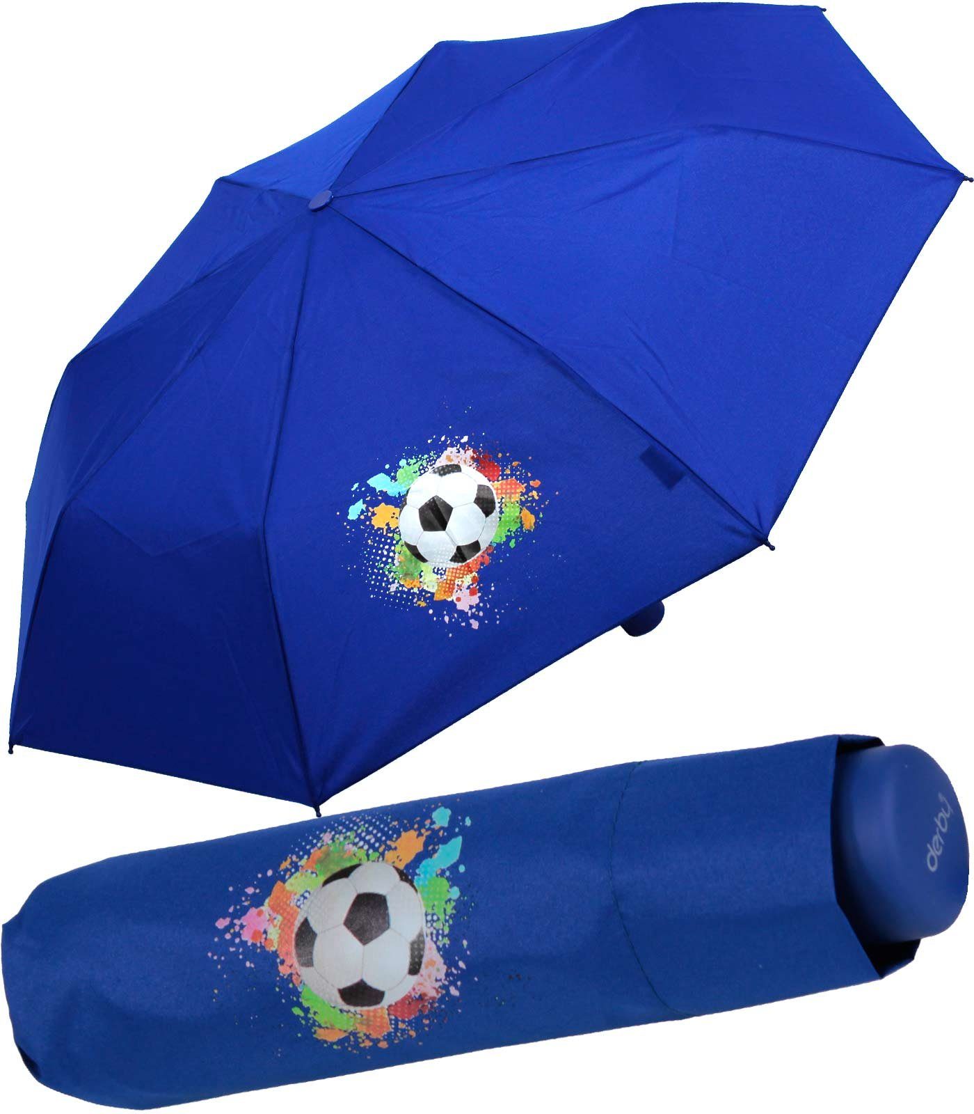 derby Taschenregenschirm Mini Kinderschirm Jungen leicht Kids Schule - blau, ein leichter Schirm für den Schulweg mit coolen Motiven Fußball