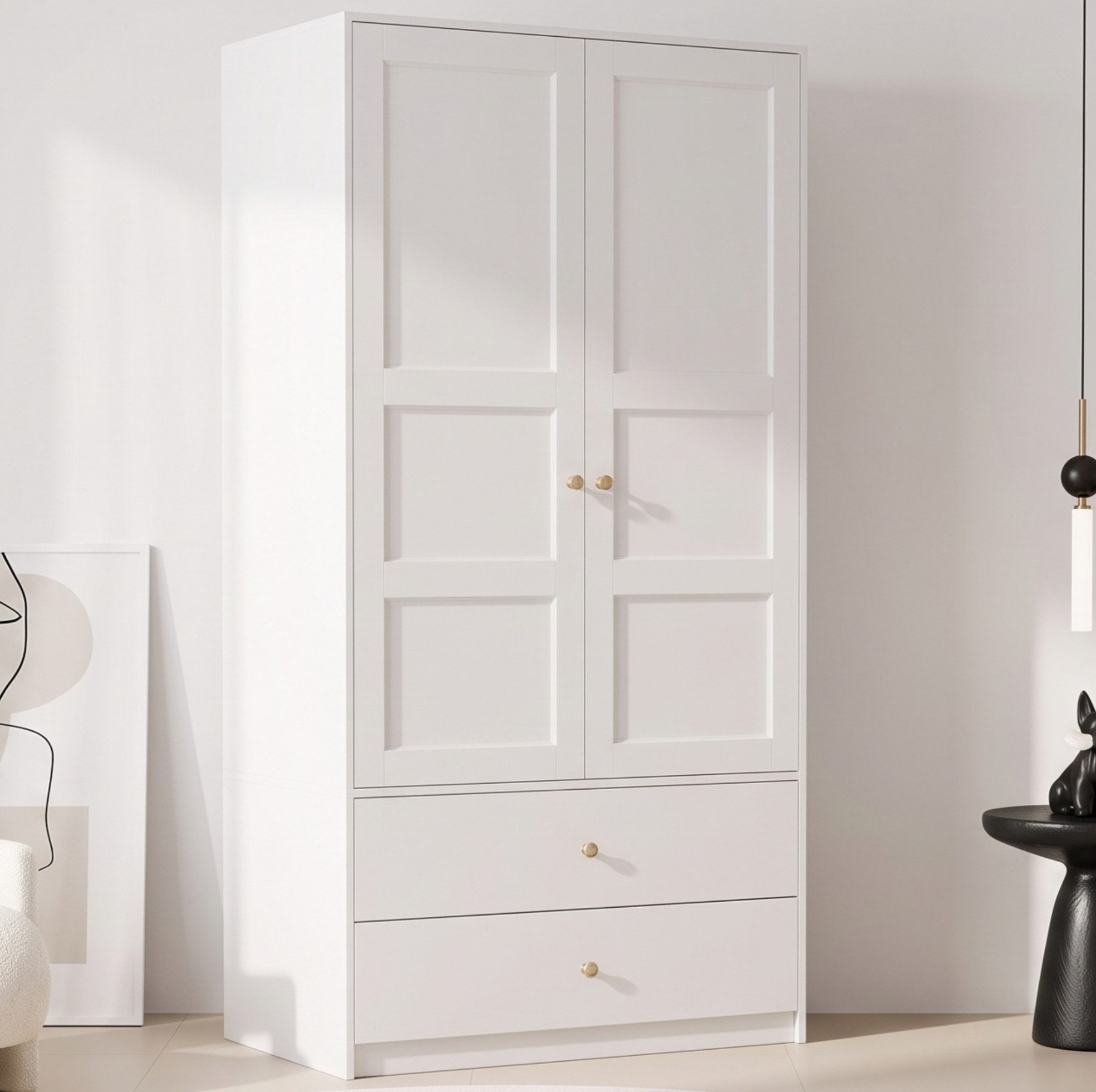 OKWISH Kleiderschrank Stauraumschrank mit 2 Türen & 2 Schubladen (Packung, 1-St., Weiß, 100×48×180 cm, für Schlafzimmer) Kleiderstange, verstärkte Beschläge, viel Stauraum