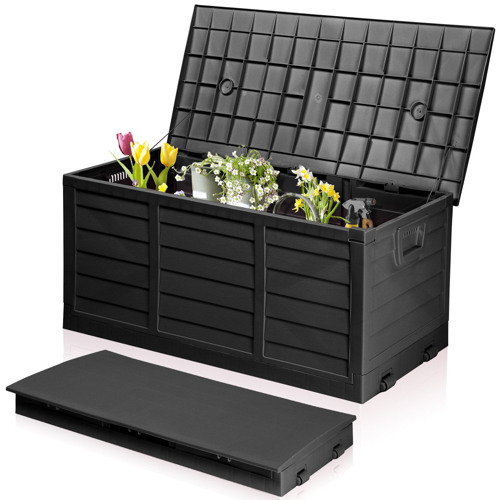 LALAHO Gartenbox mit Rollen Wasserdicht, 280 L Kunststoff, für Garten, Terrasse, Balkon, 112 x 51 x 50 cm