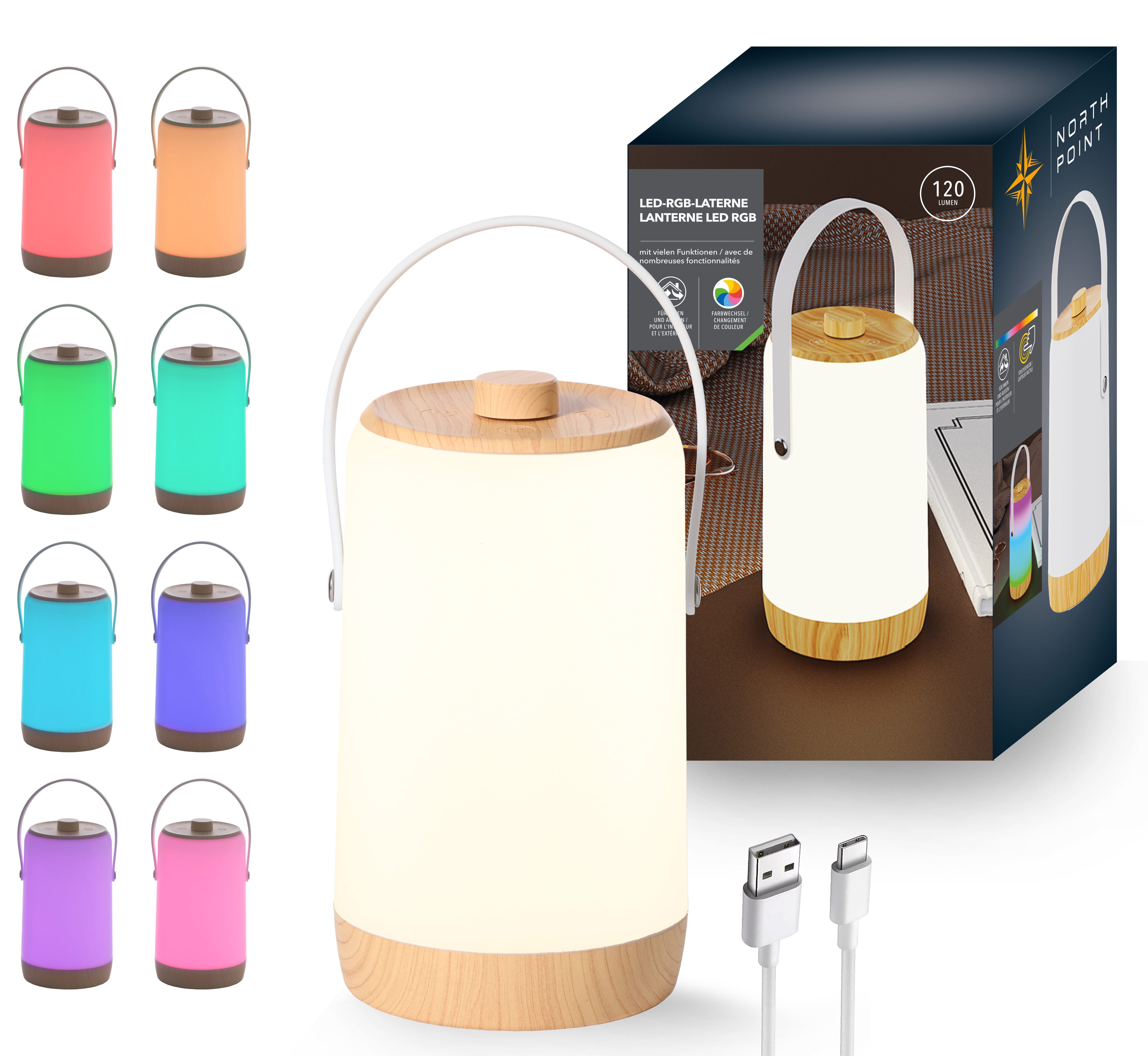 Northpoint LED Laterne Akku Innen Außen Dimmdrehknopf RGBW Soundsensor Lichteffekte
