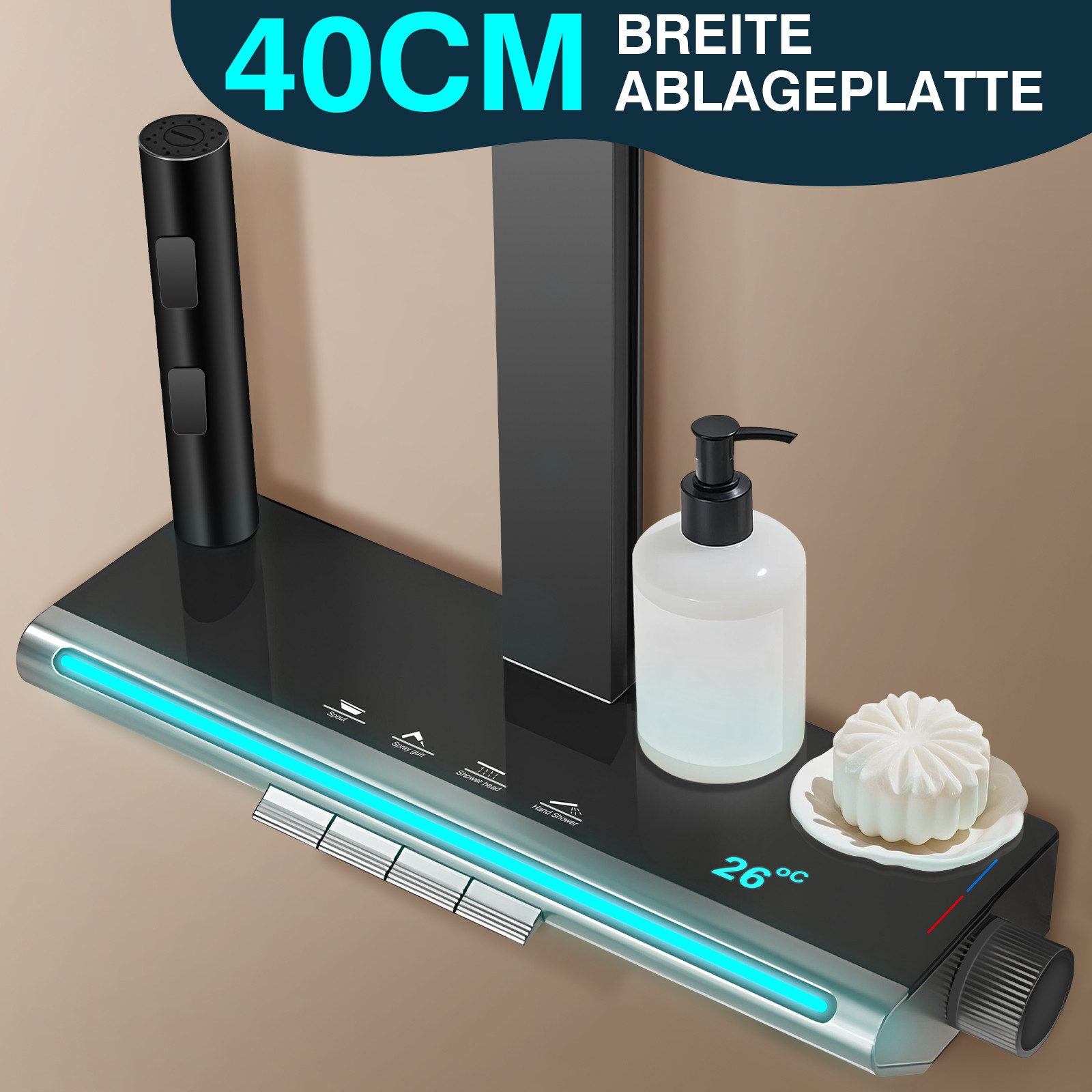 XIIW Duscharmatur 4 Funktion mit Temperatur-LED-Display Duschsystem Duschstange Duschset (Komplettset mit Spritzpistole, Badewannearmatur, 32x22cm 360° Regendus – Bild 5 von 5