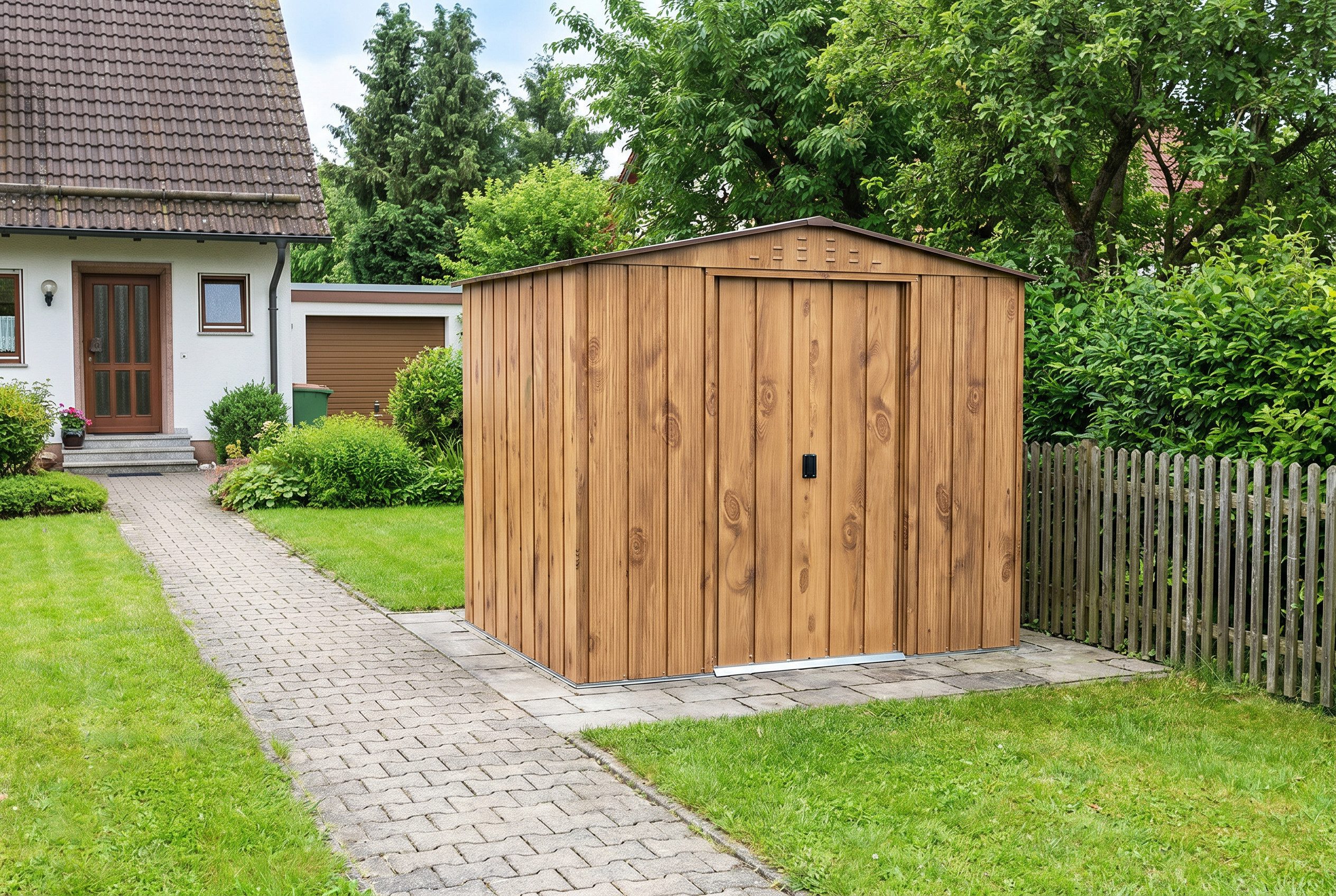 DURAMAX Gerätehaus DURAMAX Metall-2,6x1,8m Holzoptik, BxT: 261,6x183 cm, in Verzinkt mit 0,3mm Wandstärke