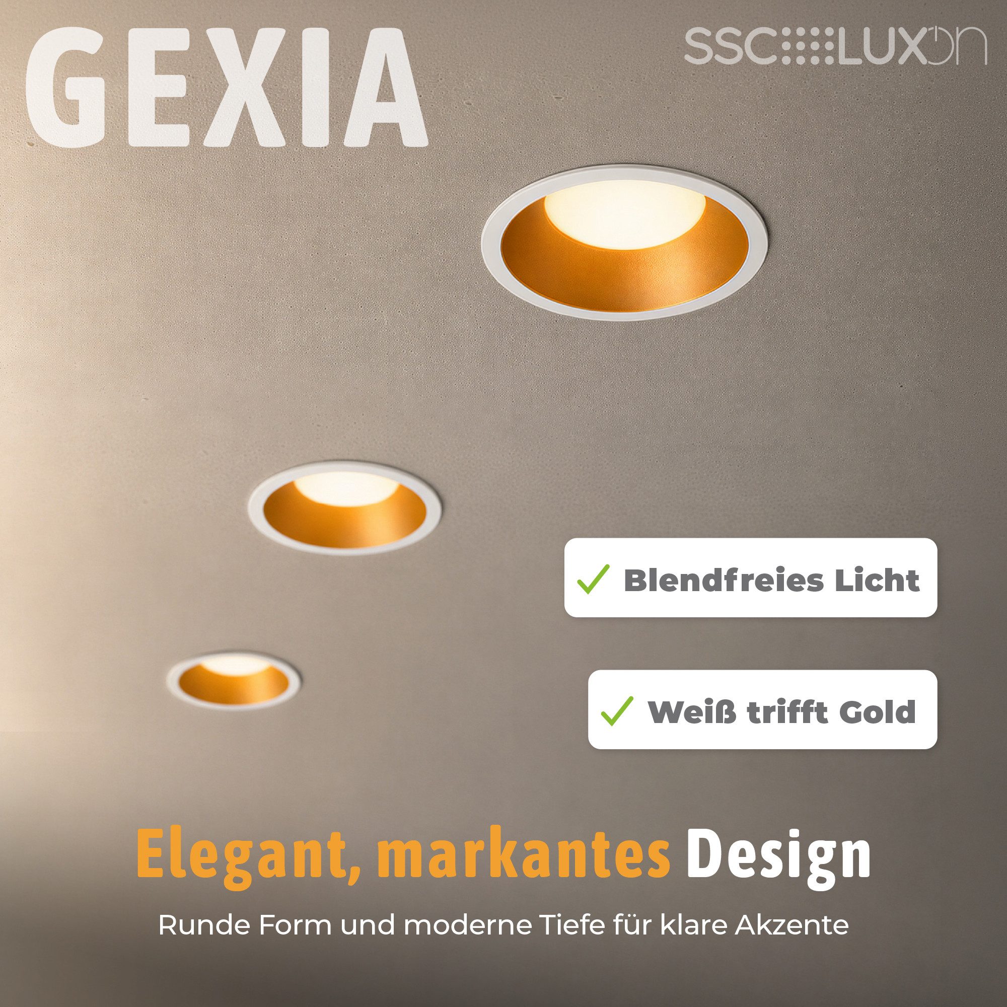 SSC-LUXon LED Einbaustrahler GEXIA Einbau Deckenspot weiß gold Ø 110mm LED GX53 dimmbar 3CCT 6W, Neutralweiß, Warmweiß, Tageslichtweiß