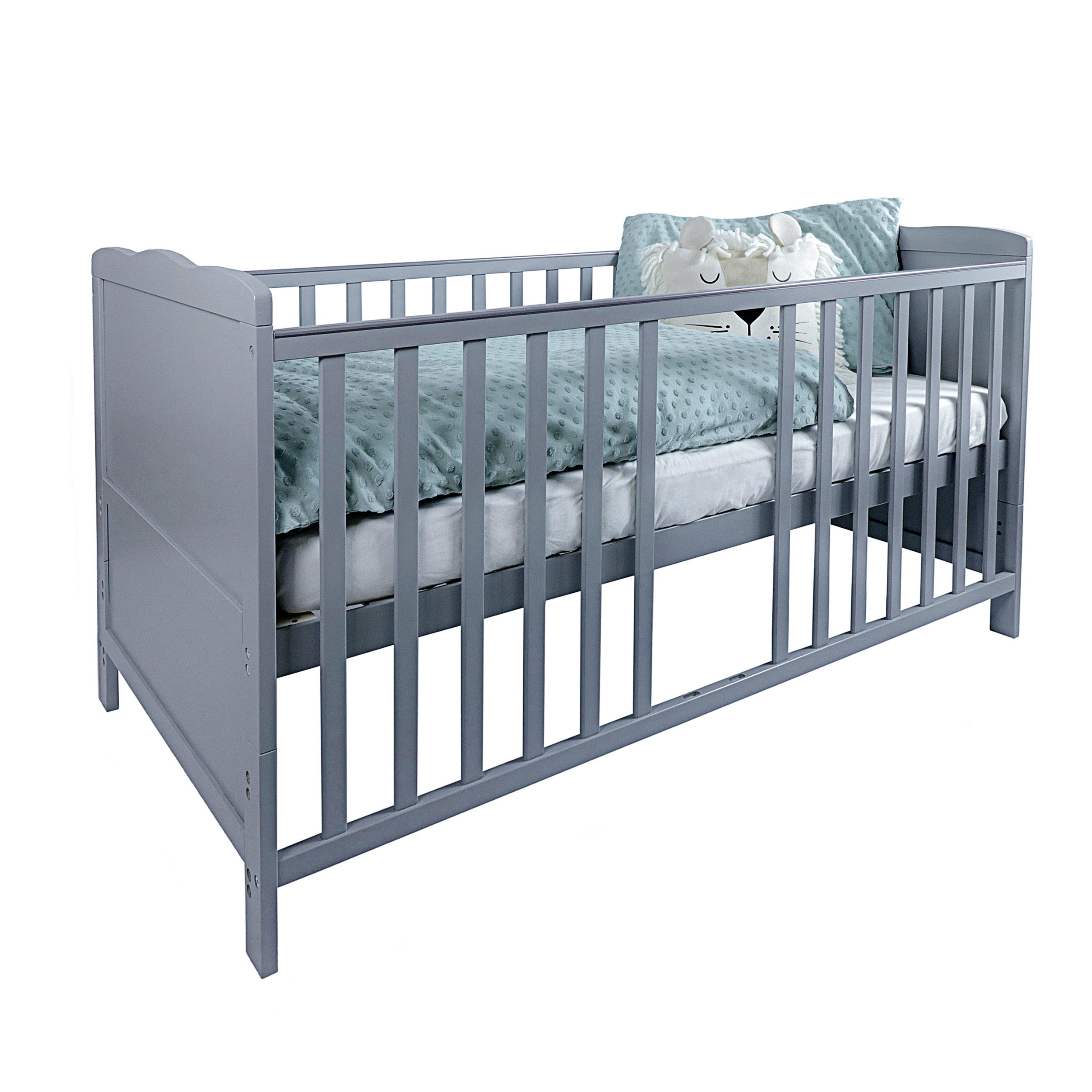 Puckdaddy GmbH Babybett Nele 70x140 in Grau, umbaubar zum Kinderbett, Babybett mitwachsend, höhenverstellbar, Kinderbett Grau + Lattenrost
