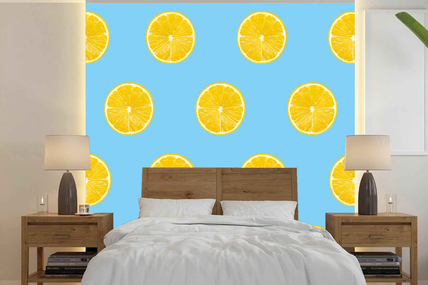 (5 Wohnzimmer Zitrone MuchoWow bedruckt, - St), oder Matt, Fototapete Vinyl Muster Tapete Schlafzimmer, Obst, für - Wandtapete