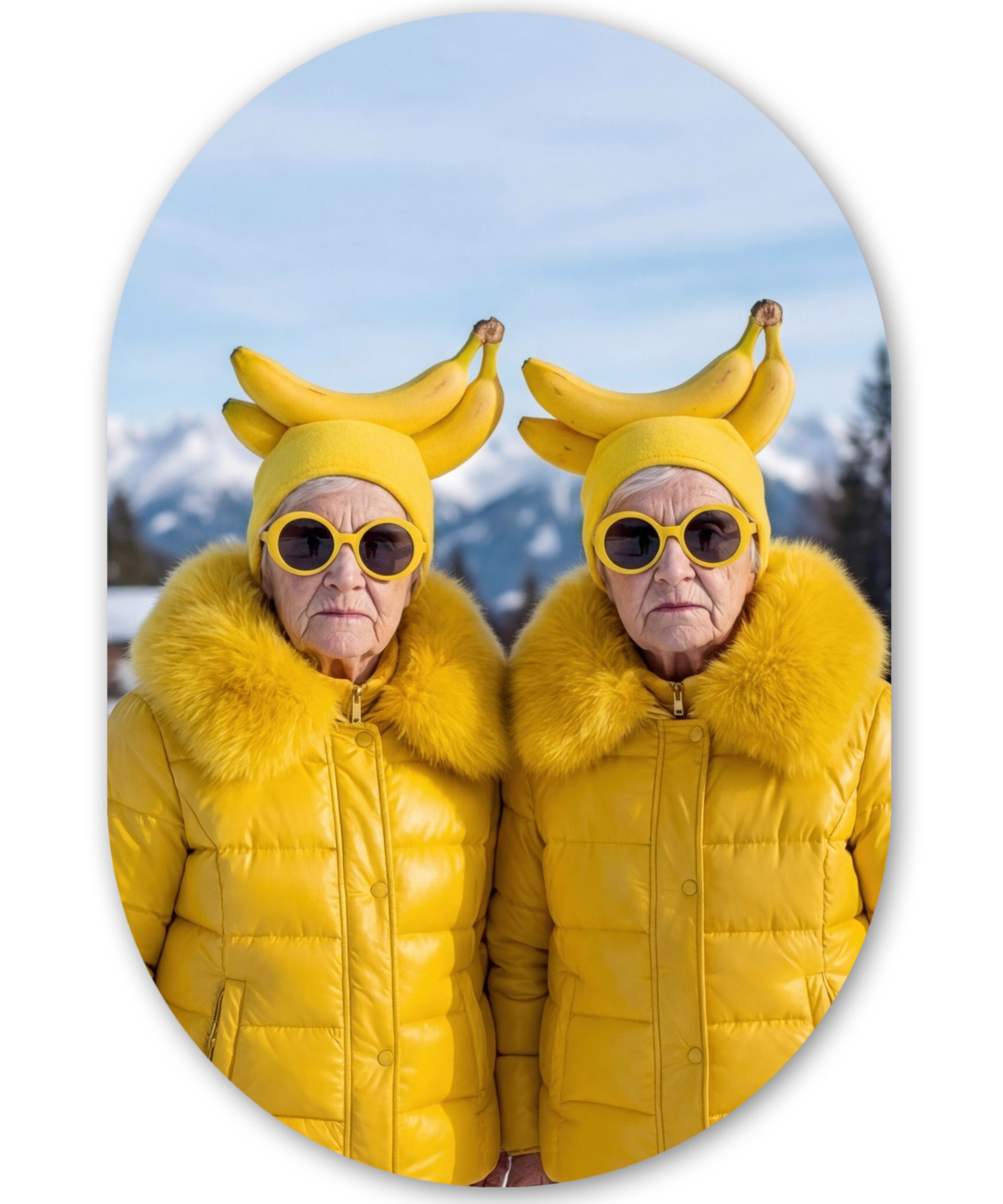 MuchoWow Gemälde Frauen - Bananen - Gelb, Fotodruck (1 St), Wandbild Oval, Wohnzimmer oder Schlafzimmer Wanddekoration, 40x60 cm